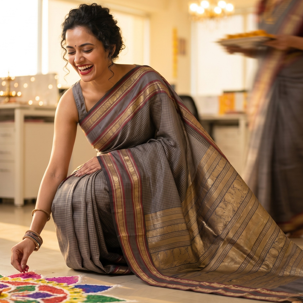 Grey Kanjeevaram Silk Cotton Saree with Zari Checks & Zari Pallu