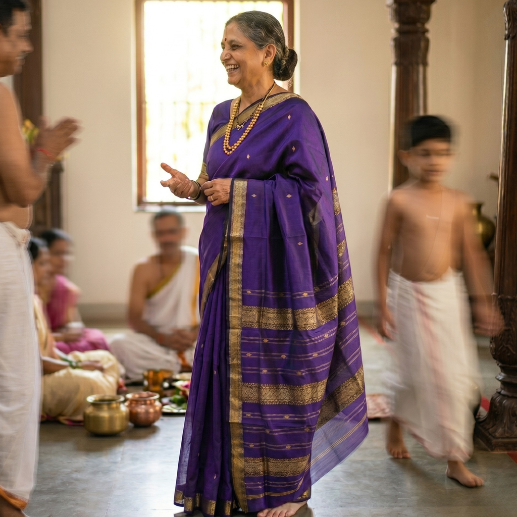 Garbh Reshmi with Butti Purple Maheshwari Handloom Saree