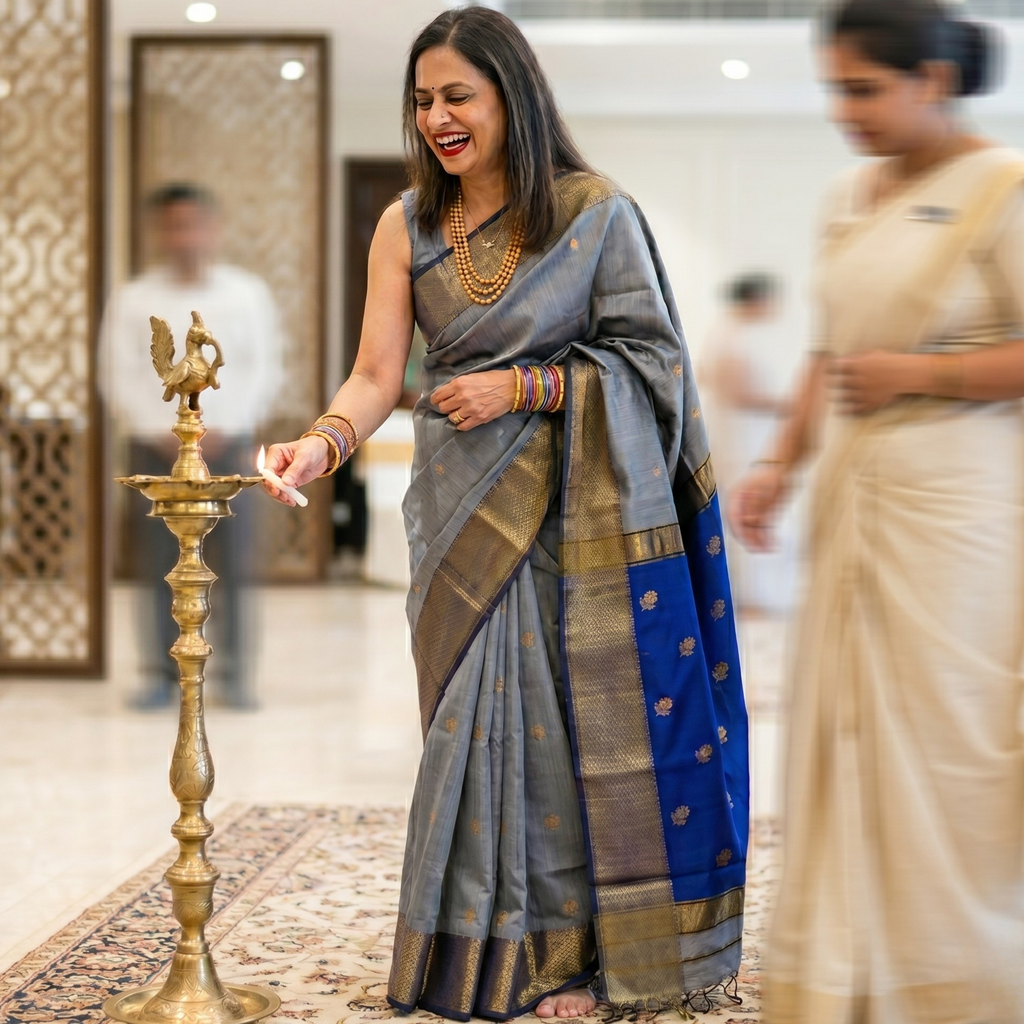 Grey & Blue Maheshwari Pure Handloom Saree
