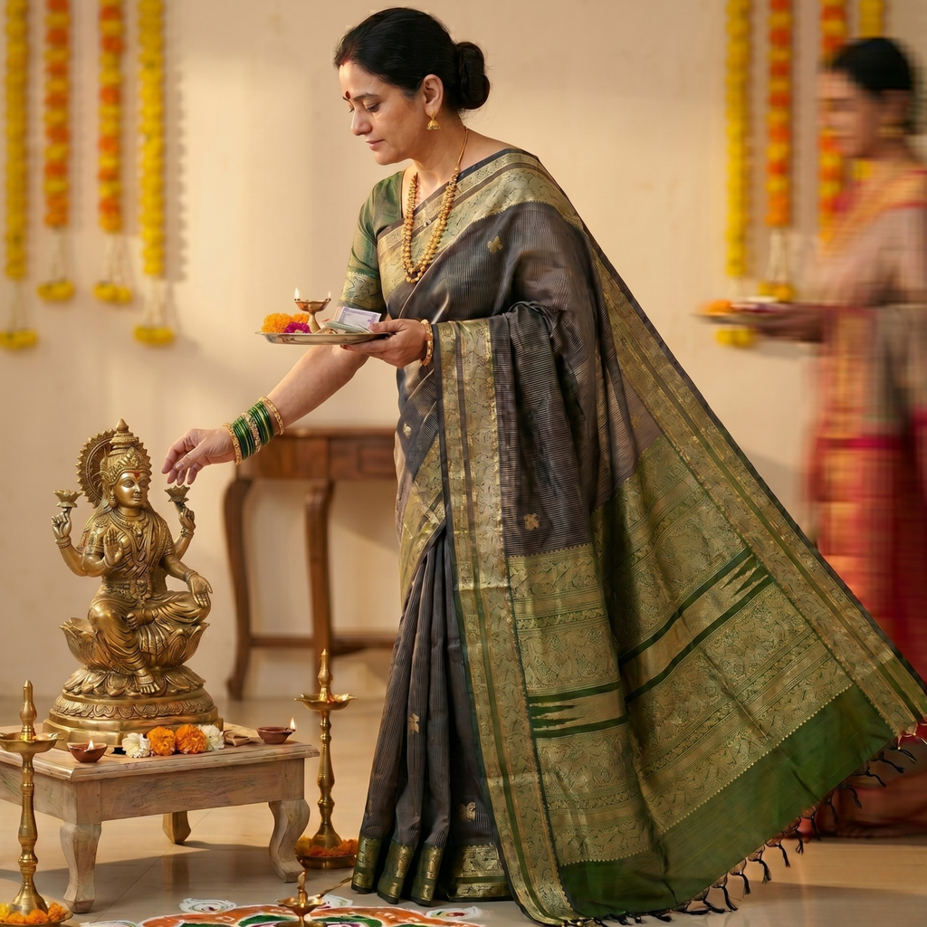 Grey Kanjeevaram Silk Cotton Saree with Green Stripes, Buttis & Zari Pallu