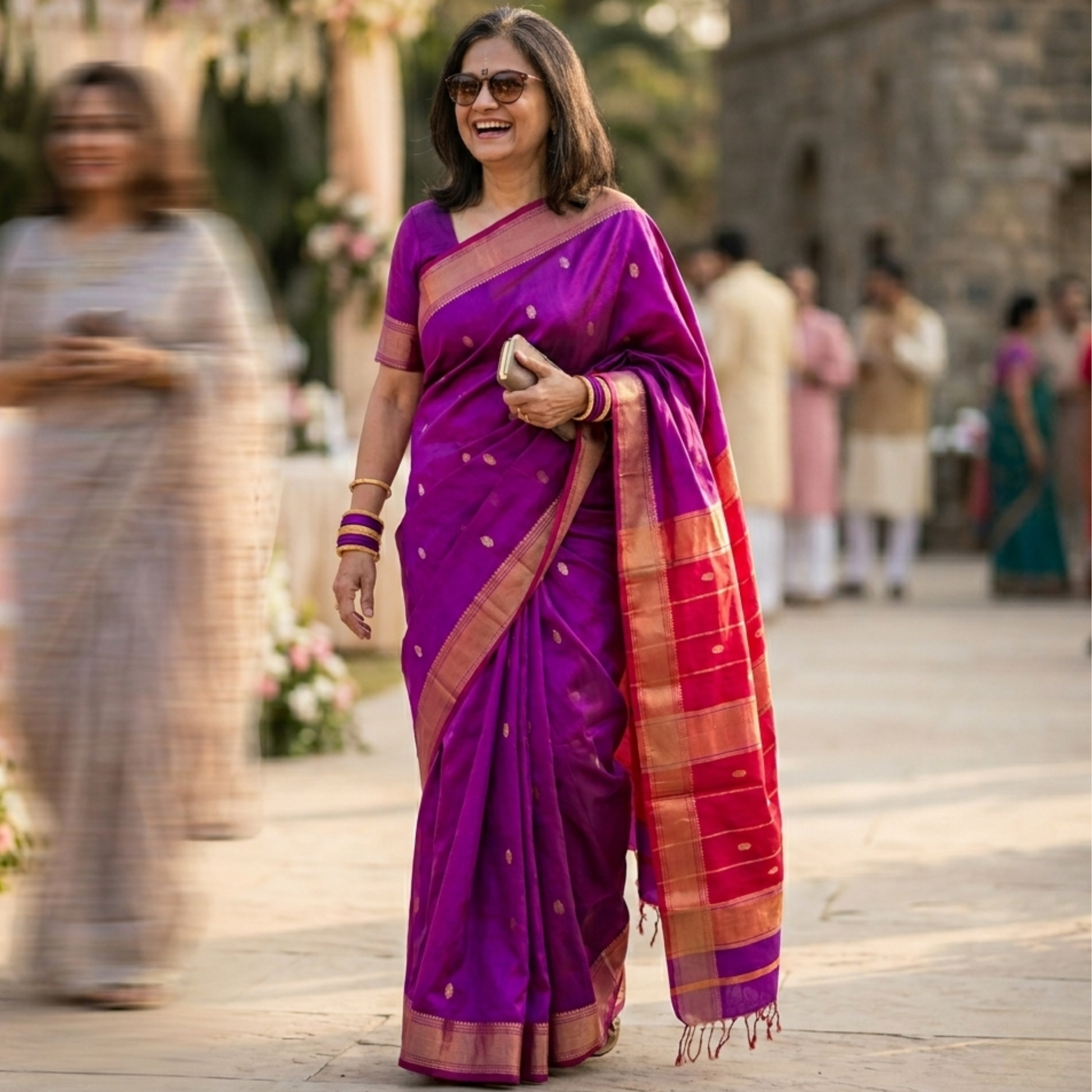 Handloom Maheshwari Magenta Pure Silk Saree with Red Pallu