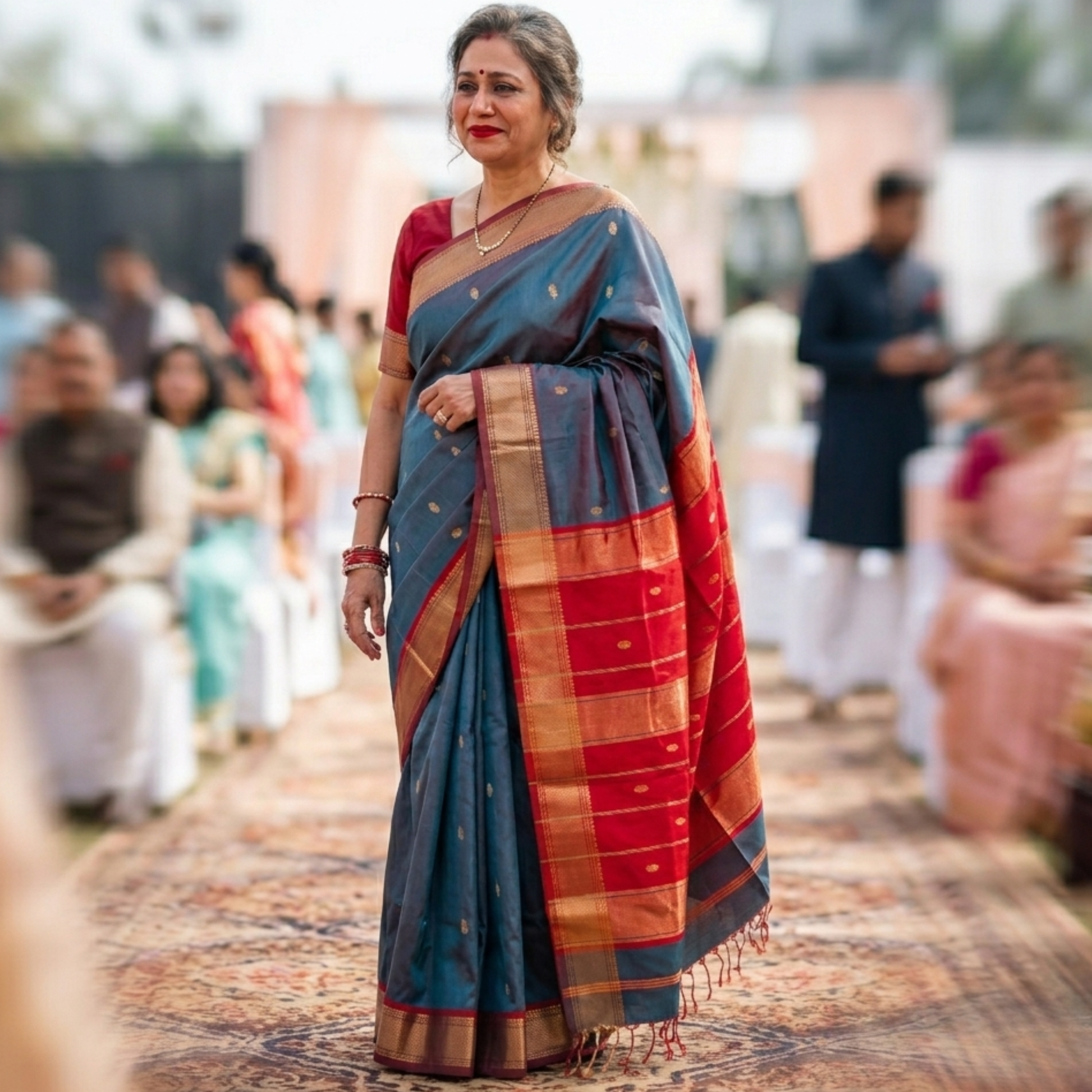 Maheshwari Blue Pure Silk Saree with Red Pallu