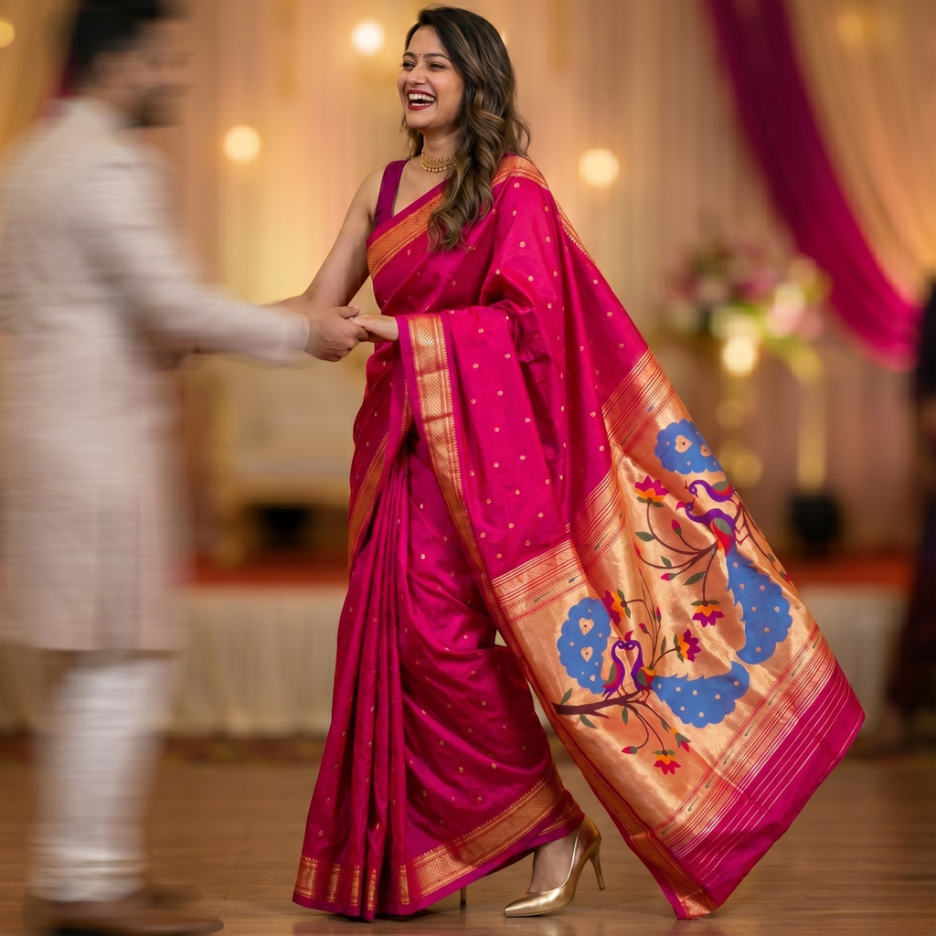 Dark Pink Pure Silk Paithani Saree with Peacock & Floral Pallu