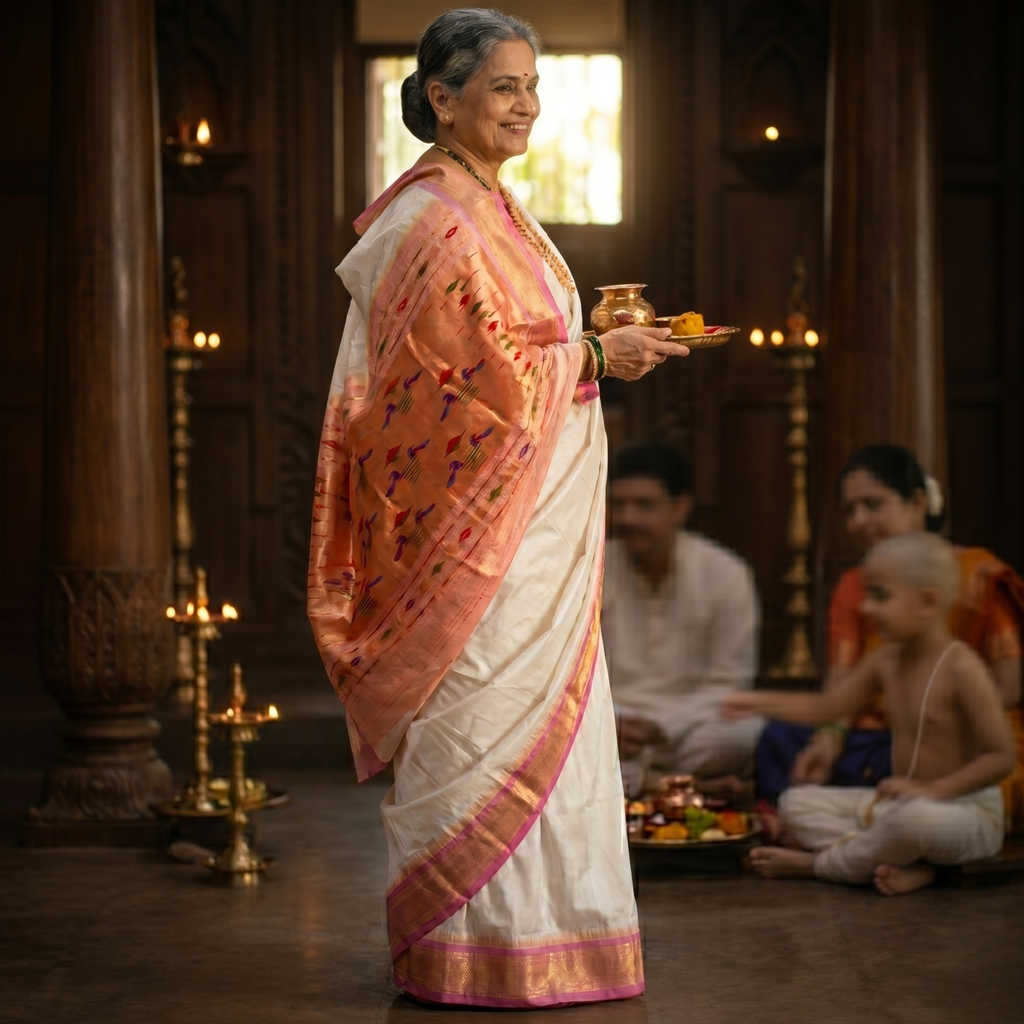 White Pure Silk Paithani Saree with 14 Peacock Double Padar Pallu