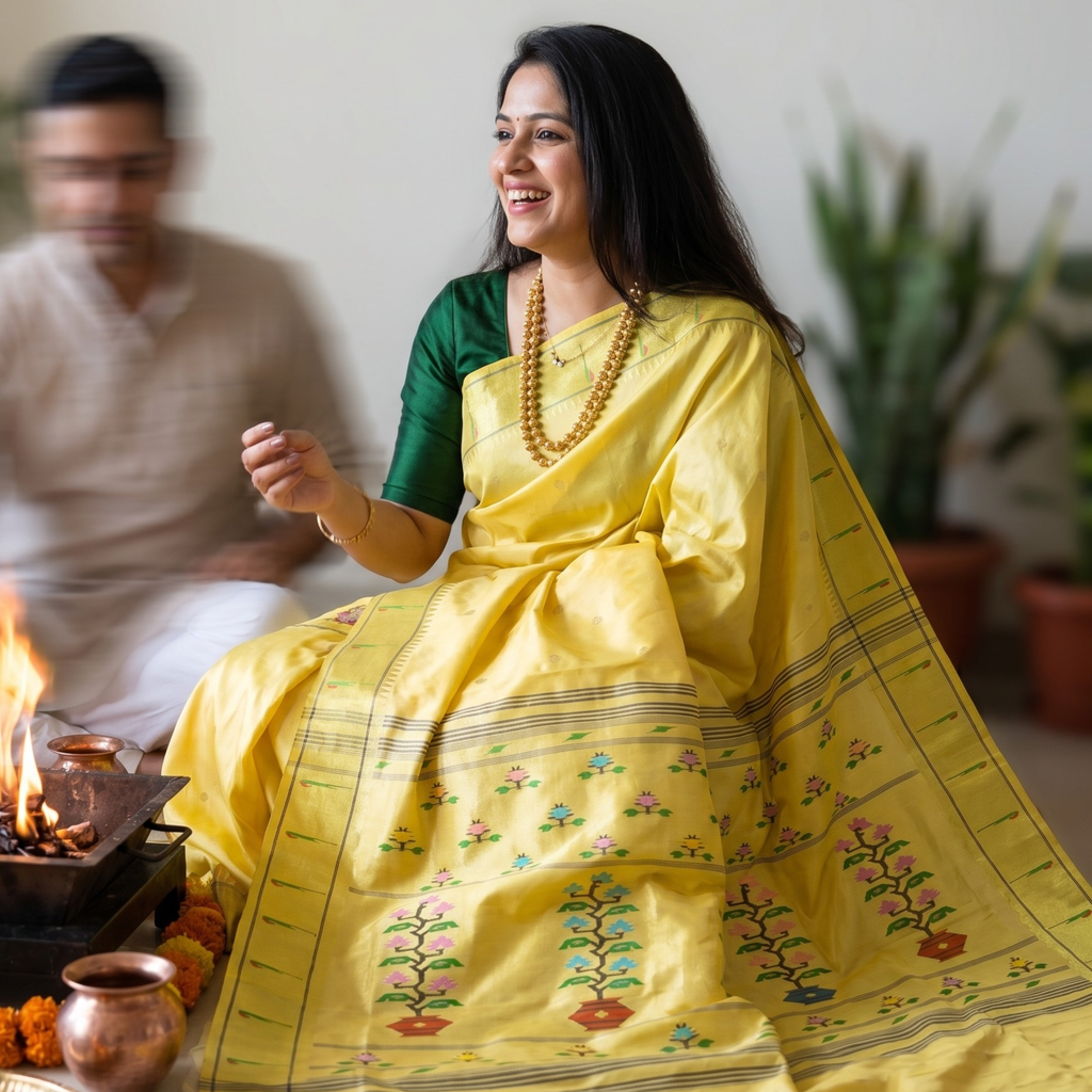 Lemon Yellow Pure Silk Paithani Saree with Muniya Border & Asawali Pallu