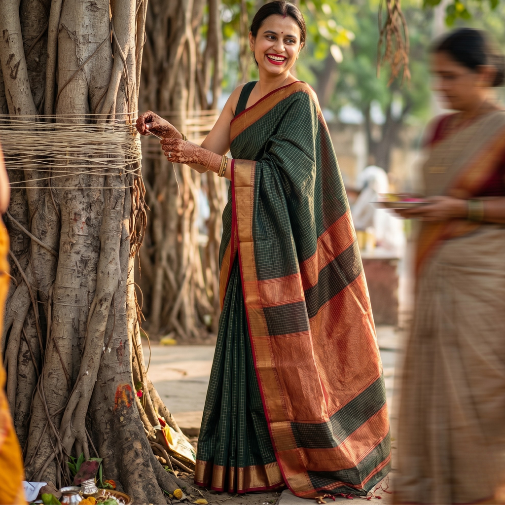 Handloom Green & Red Maheshwari Zari Checks Saree