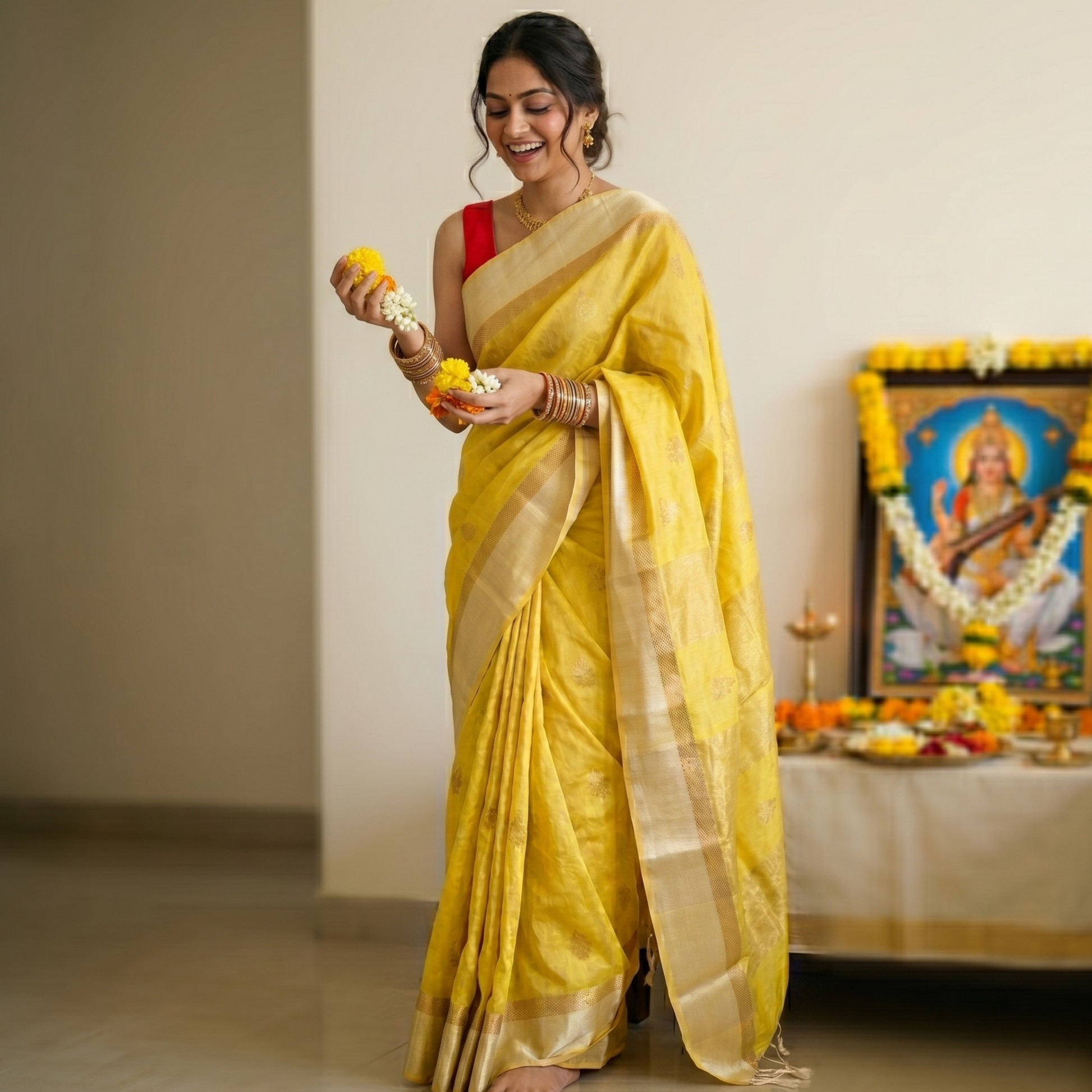 Pure Maheshwari Fluorescent Yellow Handloom Saree