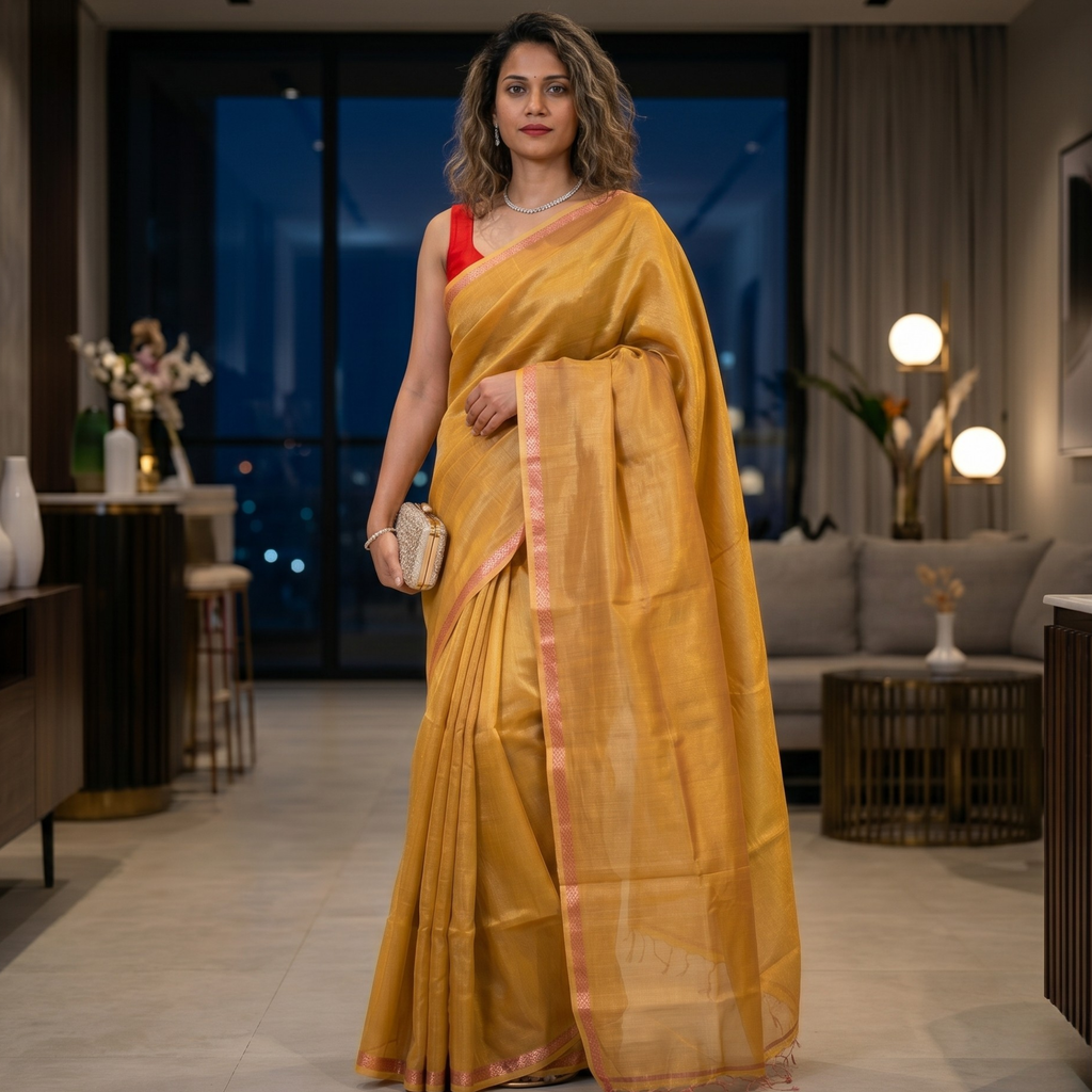 Maheshwari Yellow Tissue Silk Saree