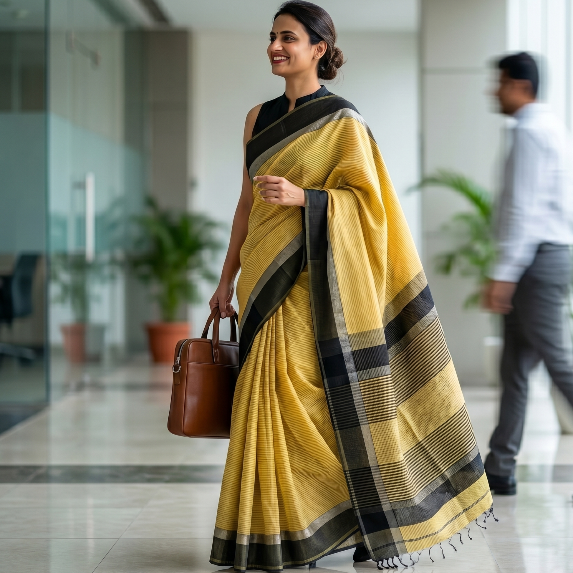 Maheshwari Yellow Saree with Black Resham Border