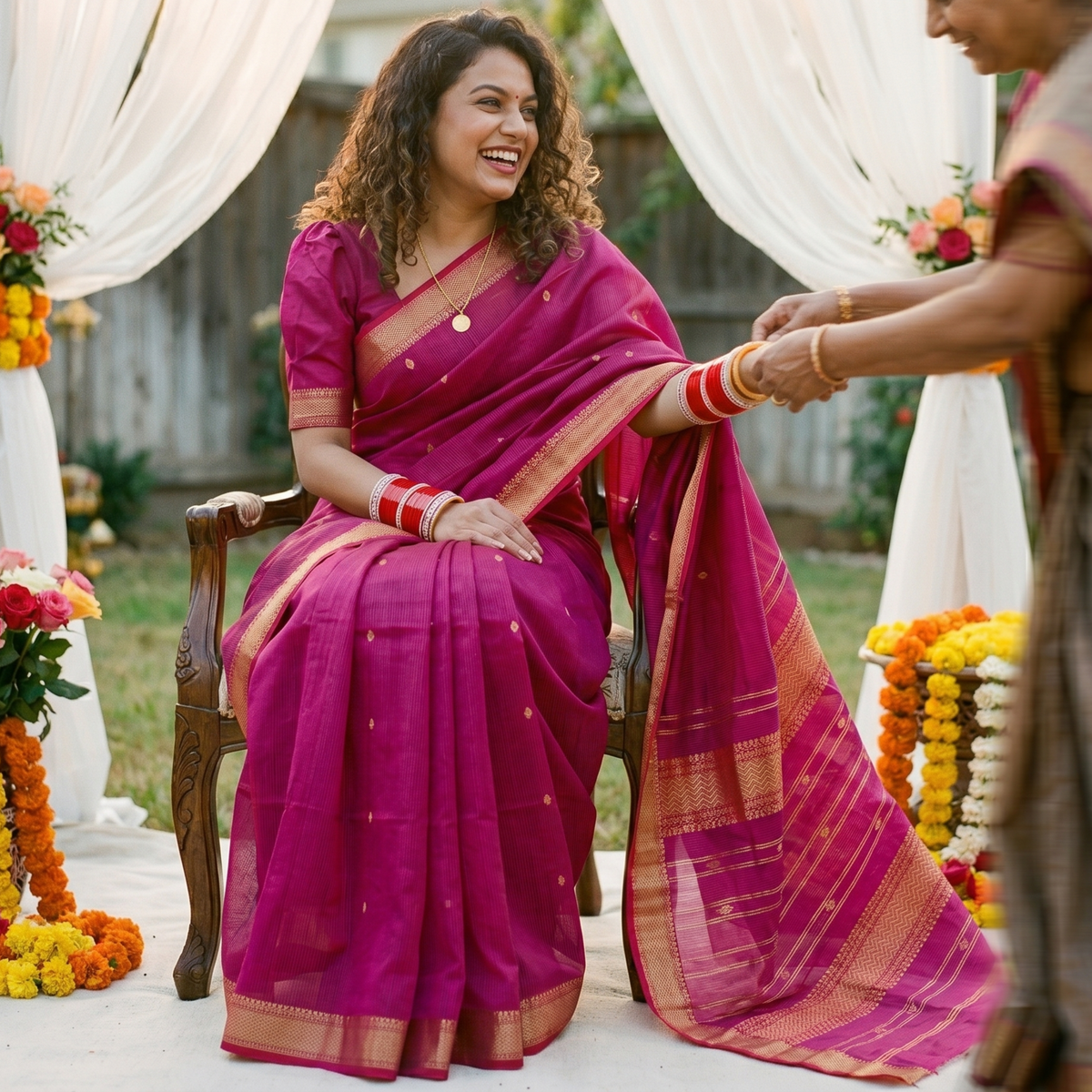 Garbh Reshmi with Butti Vibrant Pink Maheshwari Handloom Saree