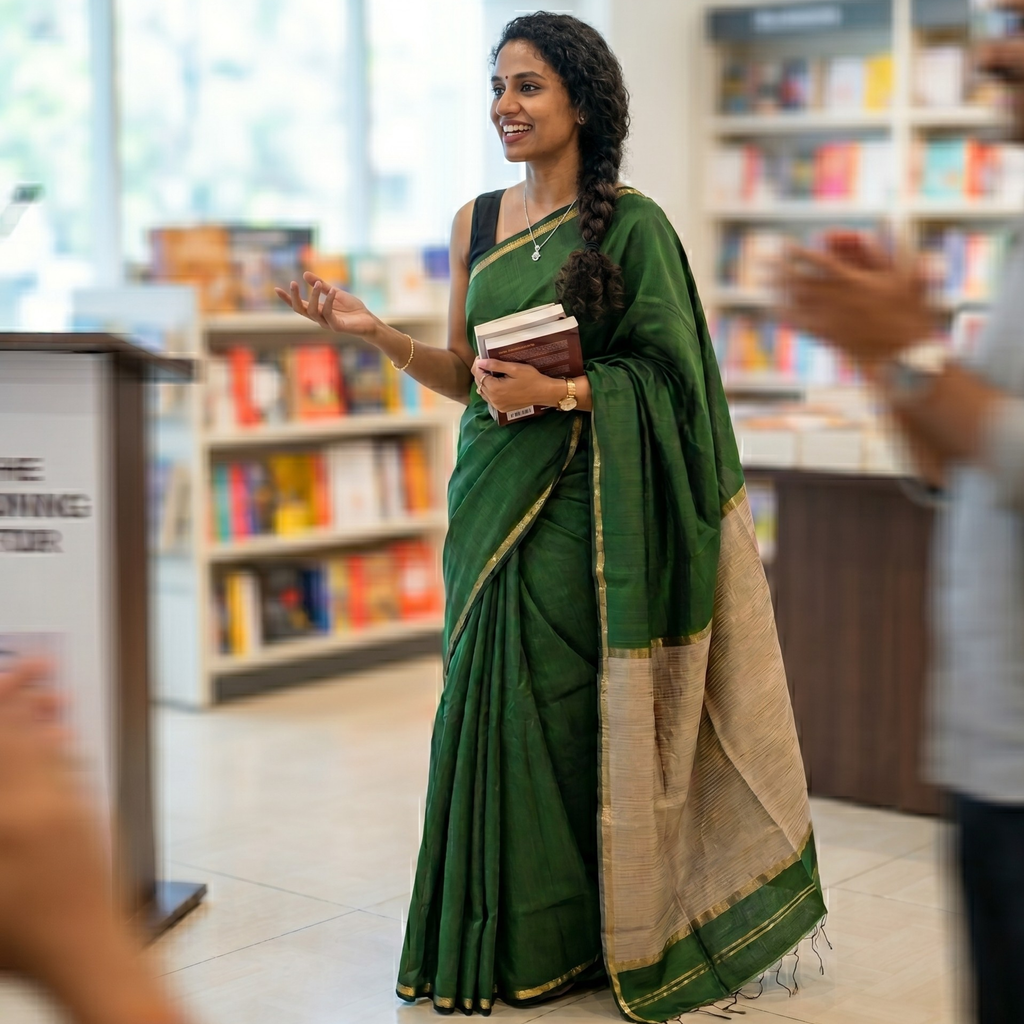 Olive Green Maheshwari Handloom Kosa Silk Saree