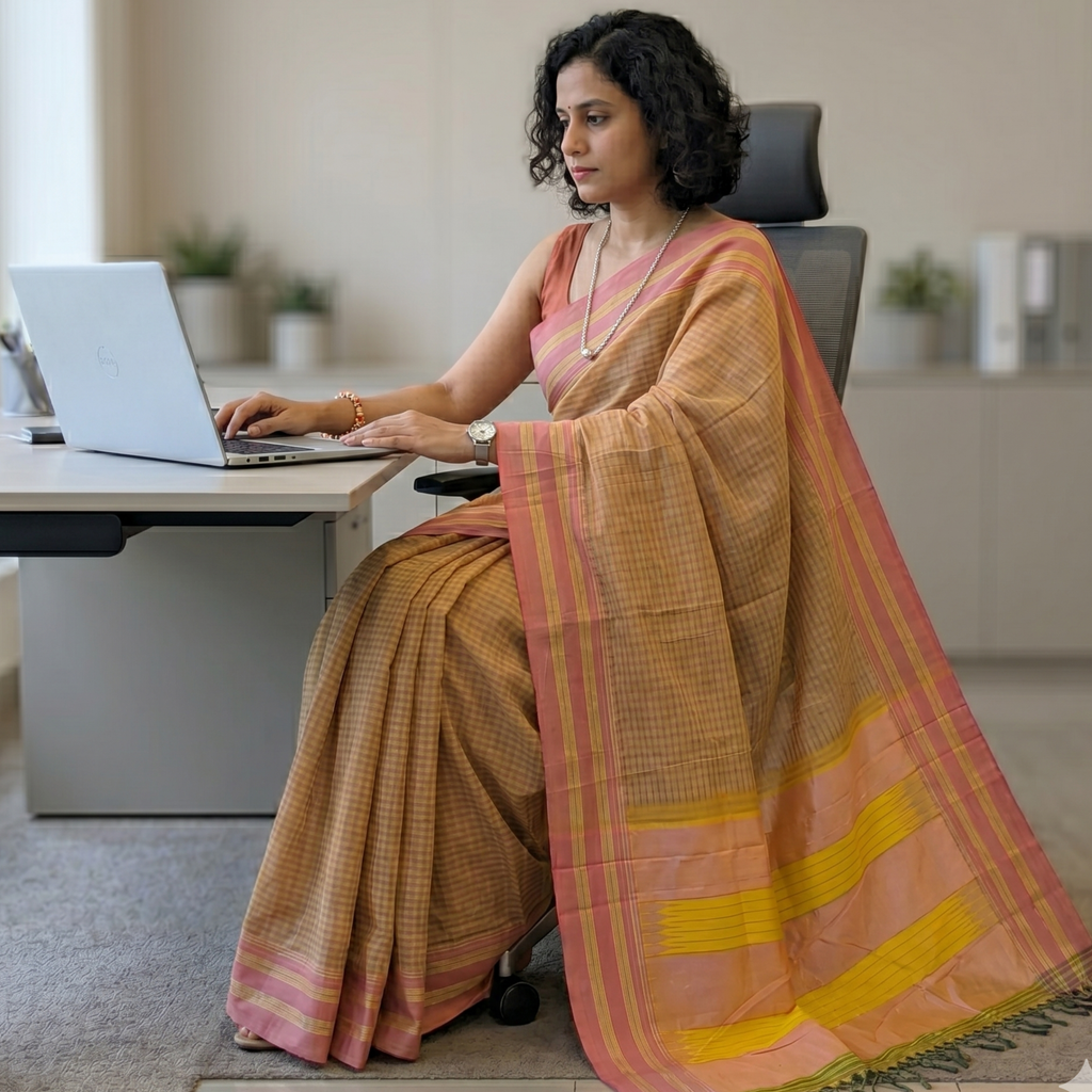 Ilkal Handloom Light Orange Saree with Checks