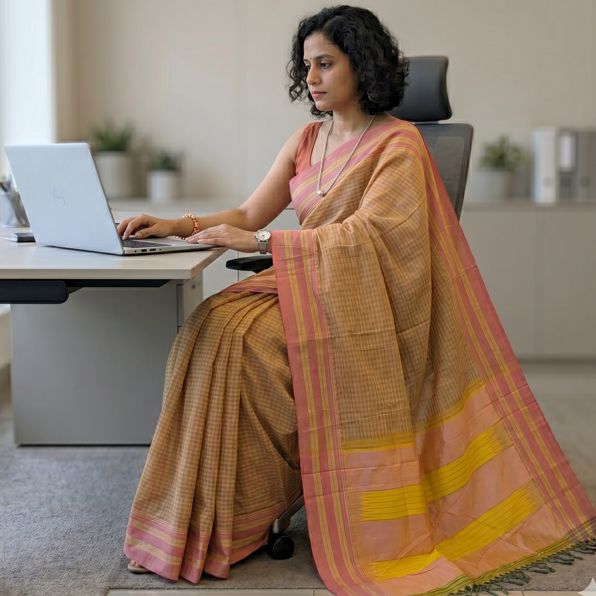 Ilkal Handloom Light Orange Saree with Checks