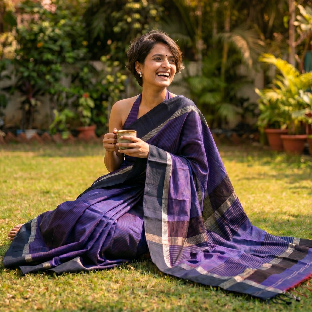 Maheshwari Purple Saree with Black Resham Border