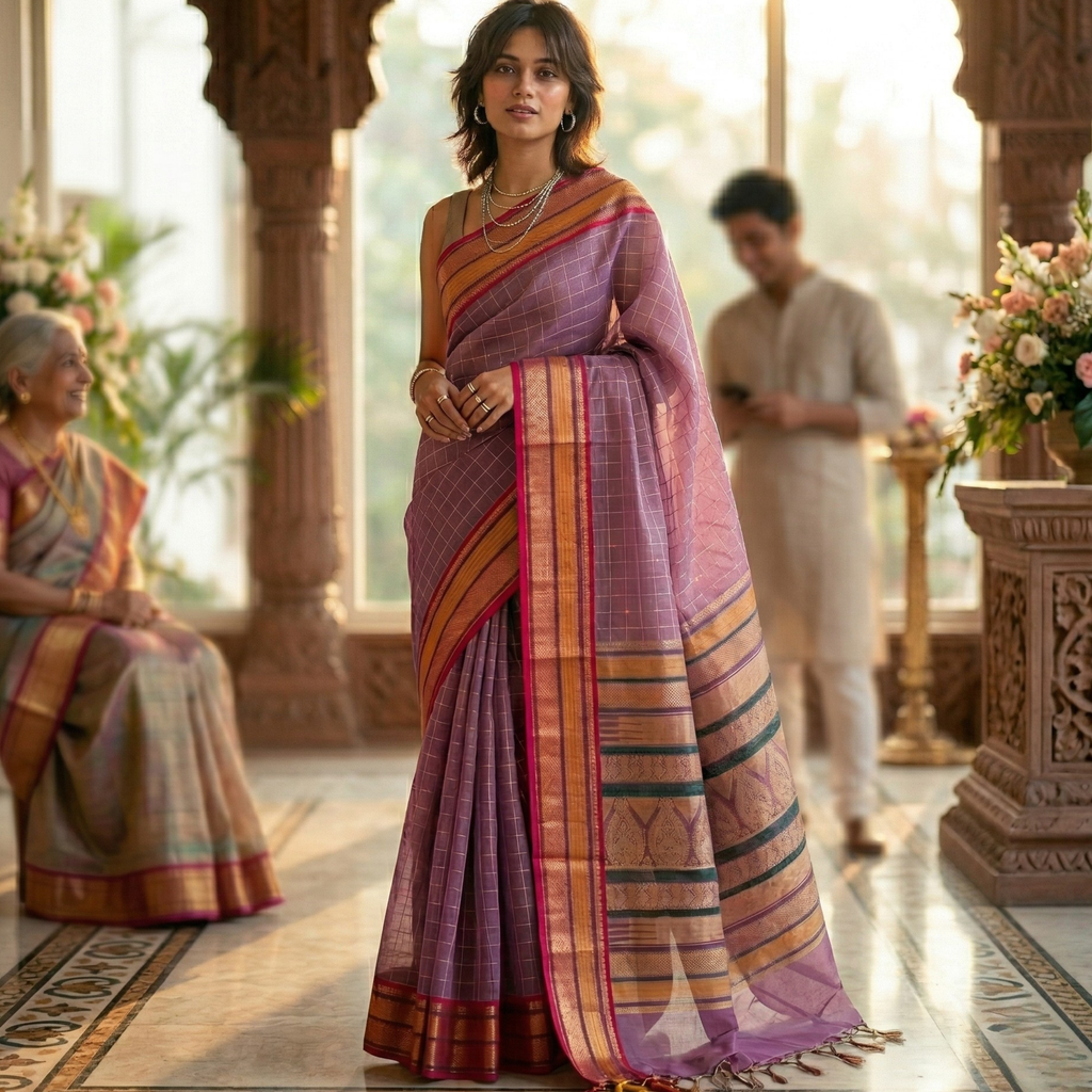 Onion Pink Kanjeevaram Silk Cotton Saree with Checks