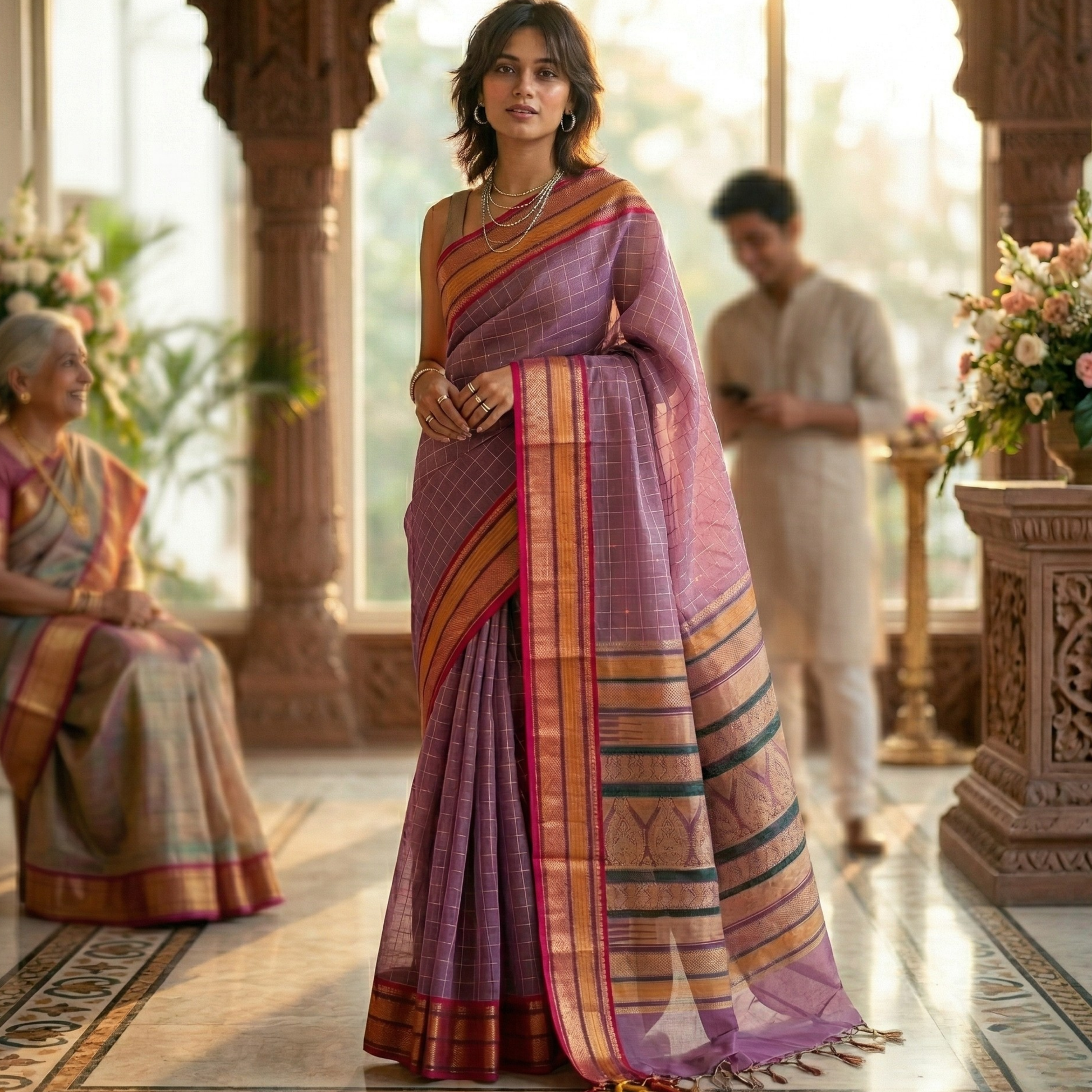 Onion Pink Kanjeevaram Silk Cotton Saree with Checks