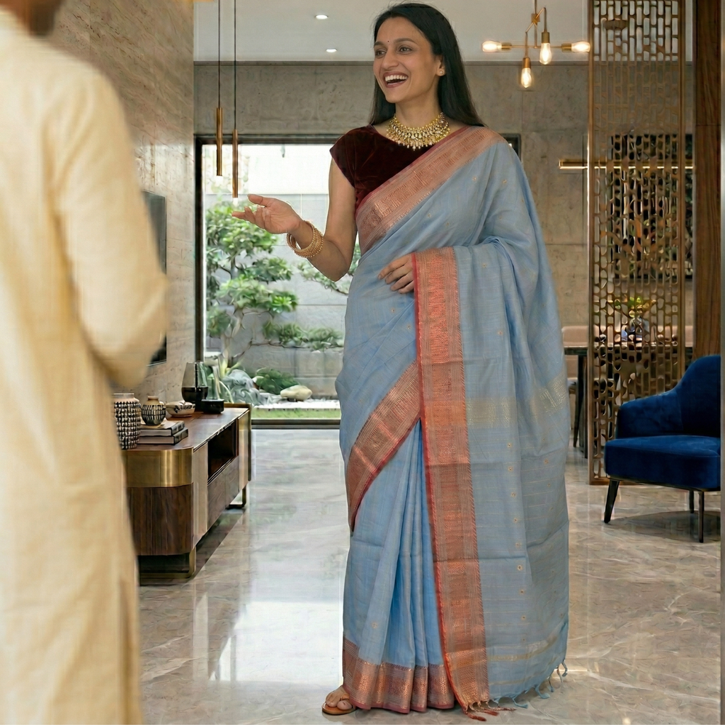 Maheshwari Silk Cotton Blue Meena Butti Saree