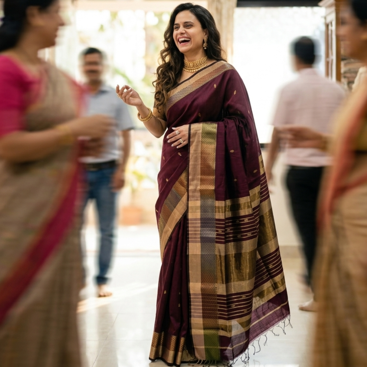 Maheshwari Silk Cotton Brown Meena Butti Saree