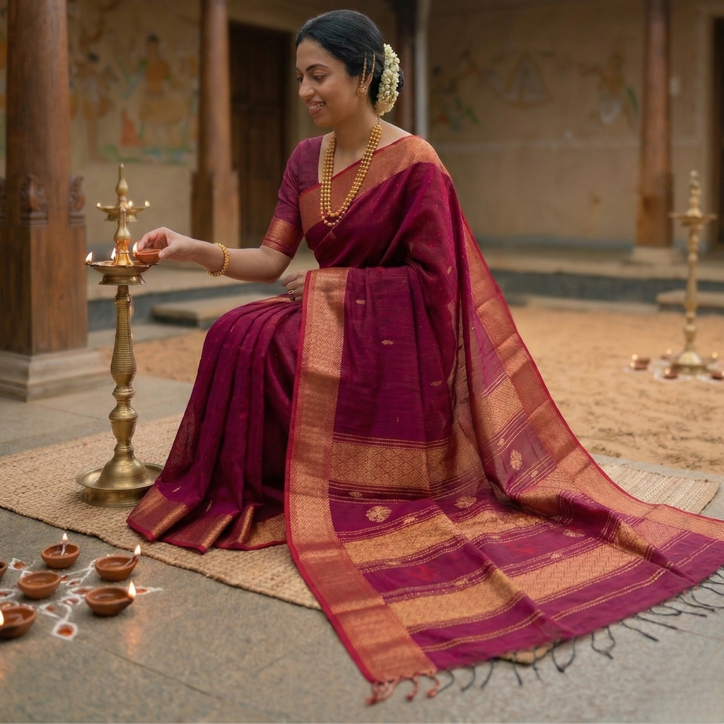 Silk Cotton Maheshwari Magenta Handloom Saree