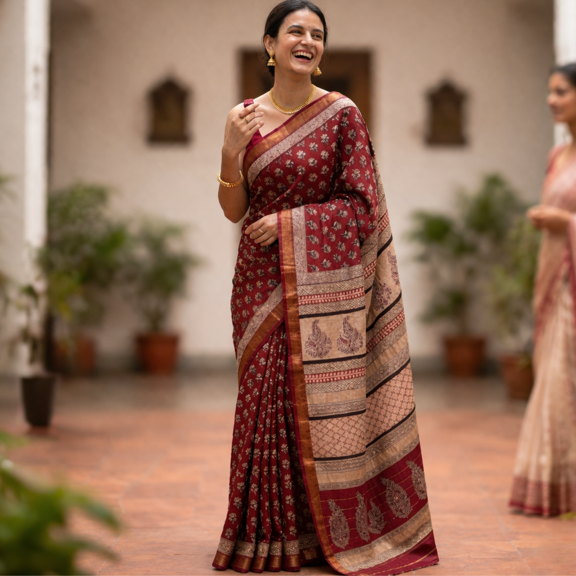 Maheshwari Maroon Handloom Bagh Handblock Print Saree