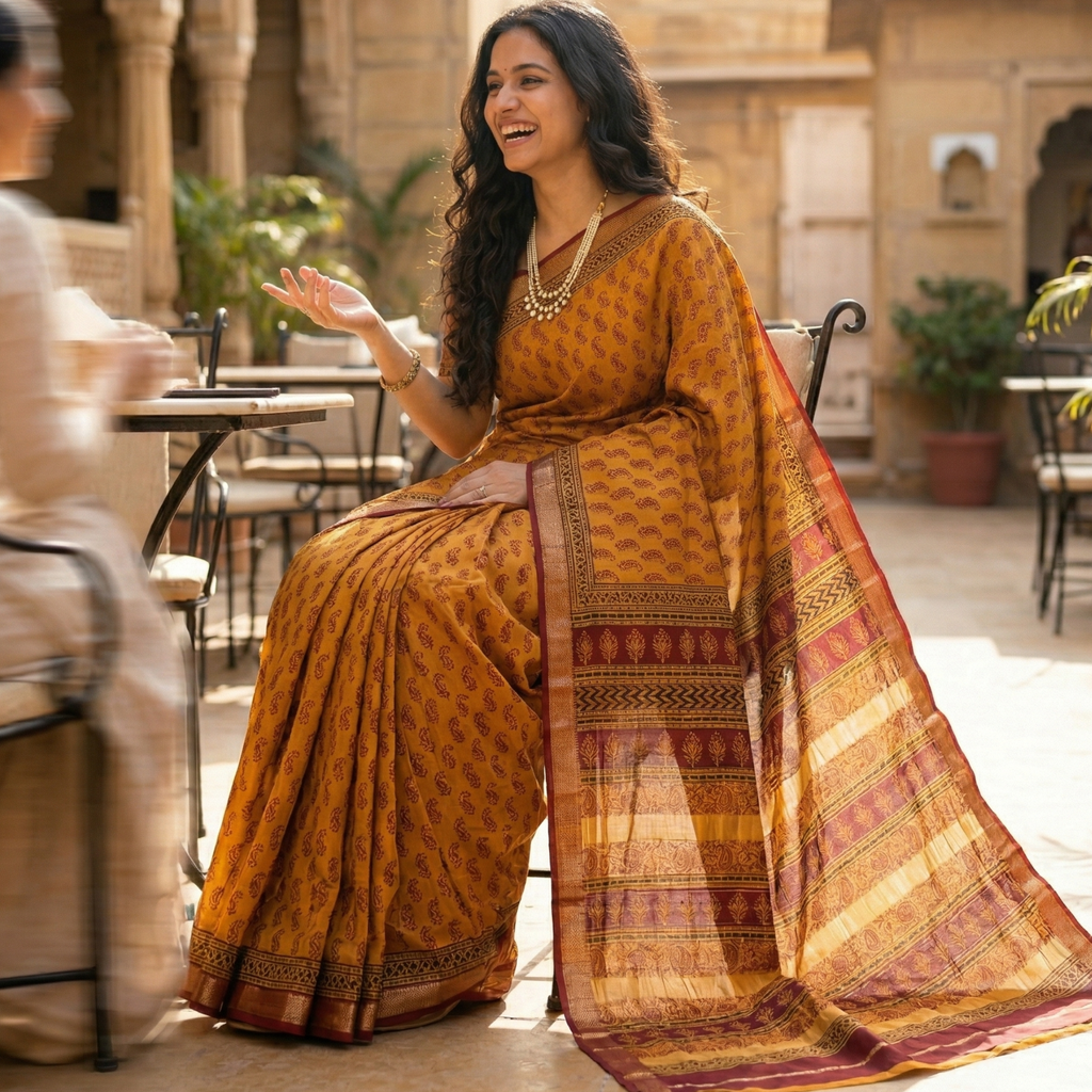 Maheshwari Yellow Handloom Bagh Handblock Print Saree