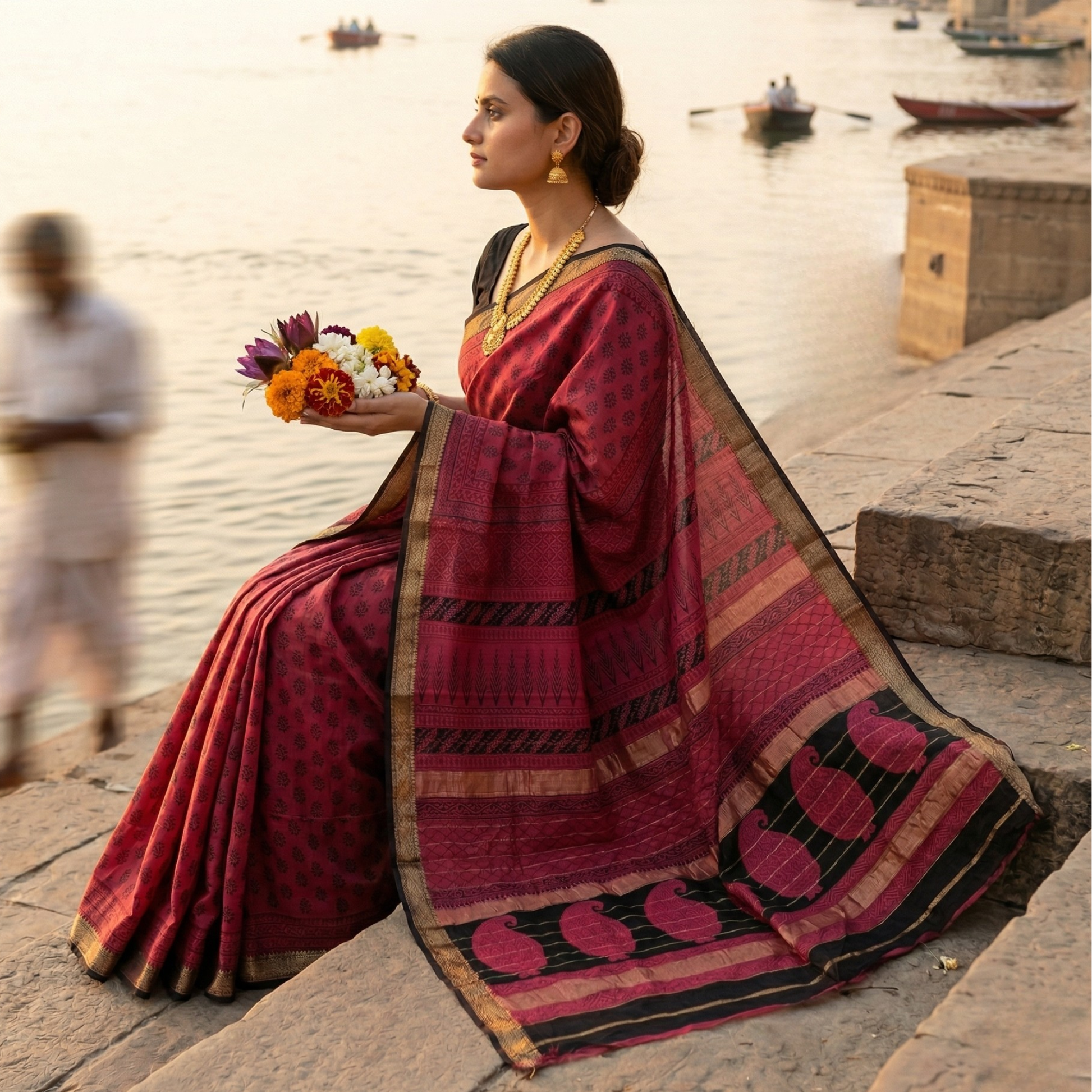 Maheshwari Magenta Handloom Bagh Handblock Print Saree