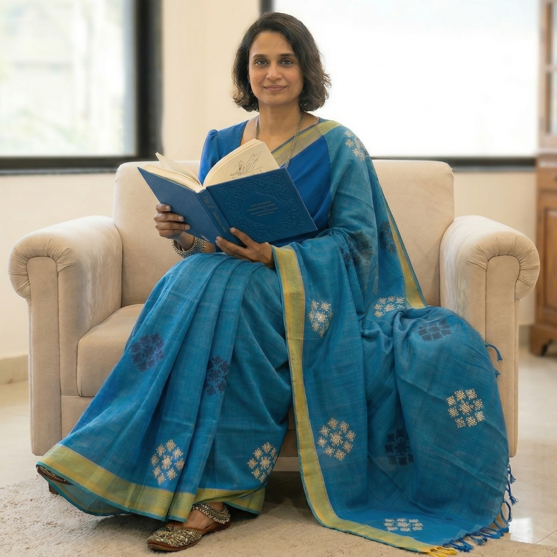 Bawan Buti Blue Cotton Saree
