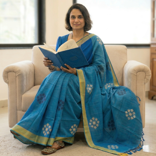 Bawan Buti Blue Cotton Saree