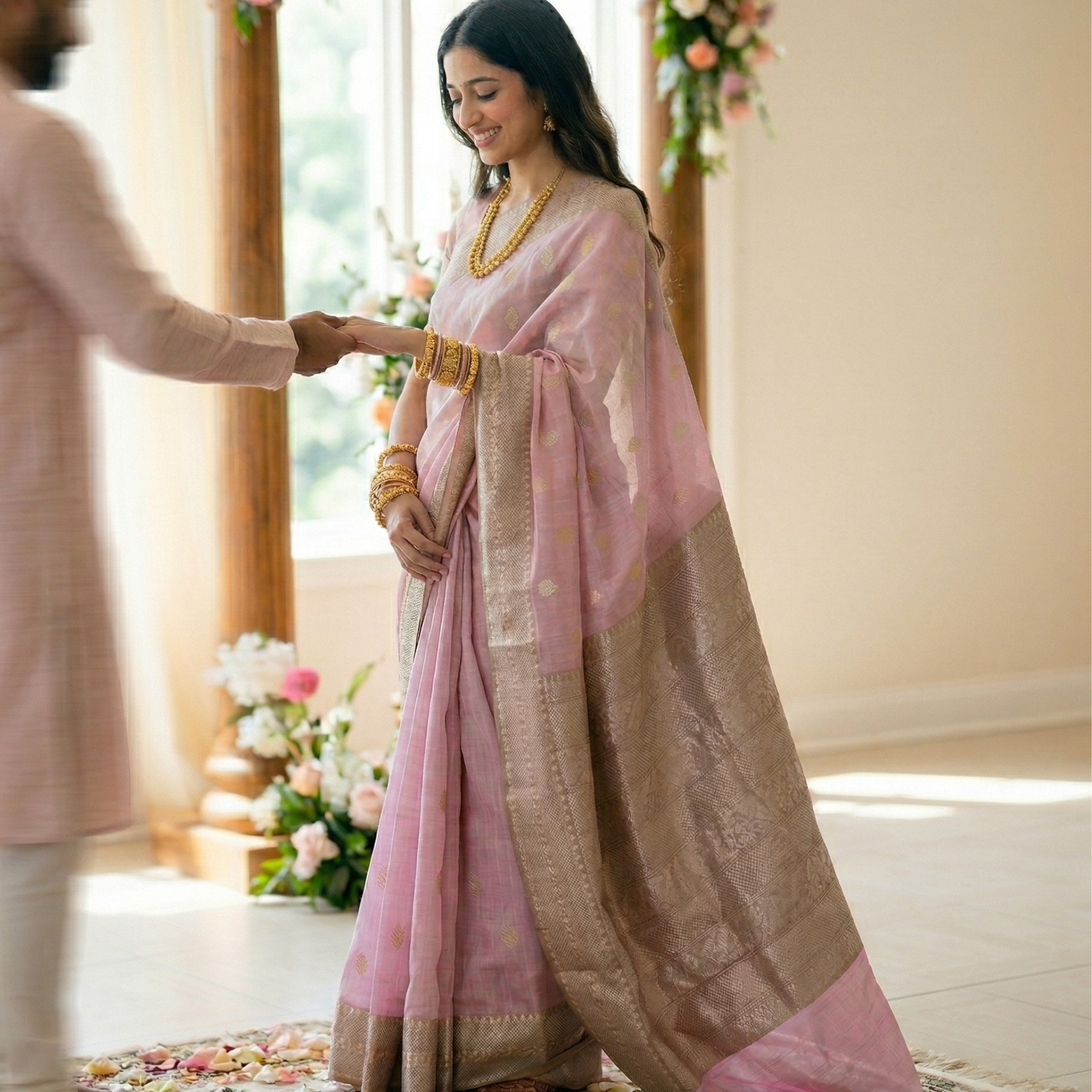 Baby Pink Hand Block Printed Chanderi Silk Saree