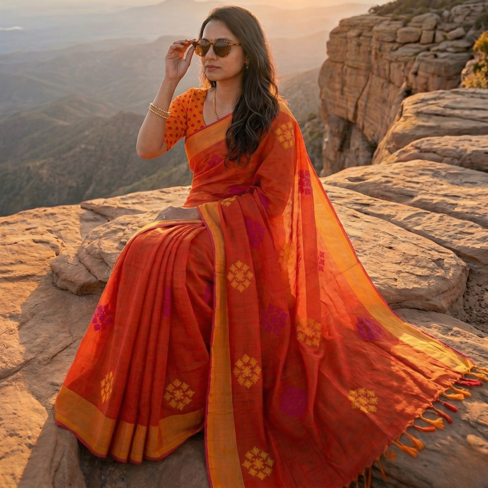 Bawan Buti Orange Cotton Patli Pallu Saree