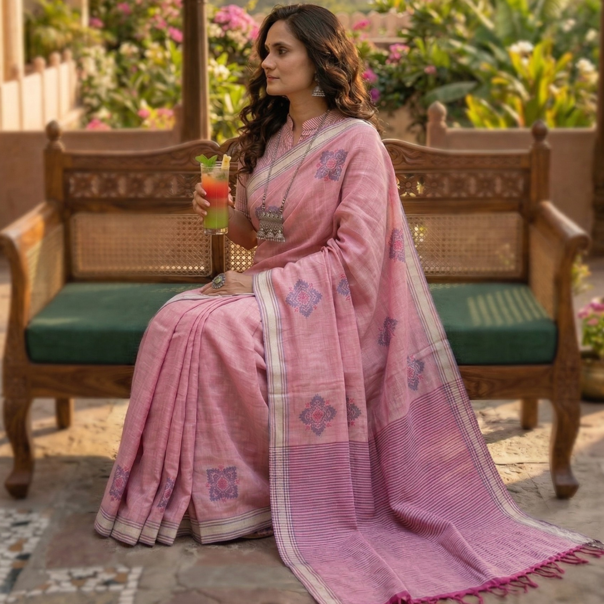 Bawan Butti Light Pink Cotton Saree