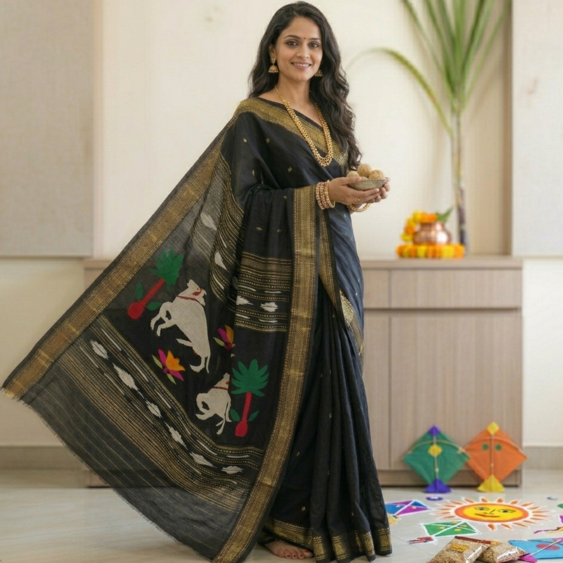 Black Handloom Pure Cotton Pichwai Cow Paithani