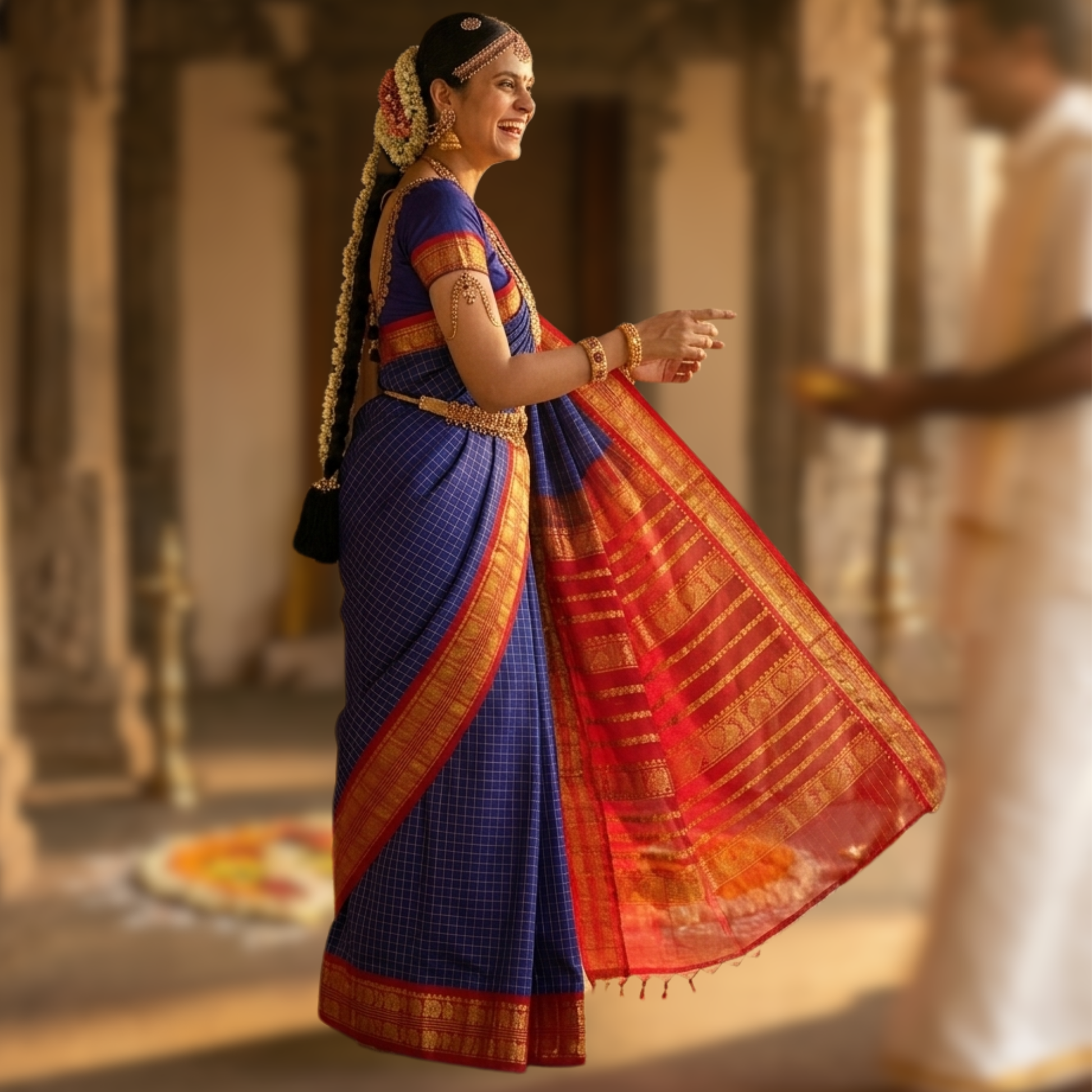 Blue Kanjeevaram Silk Cotton Saree with Zari Checks