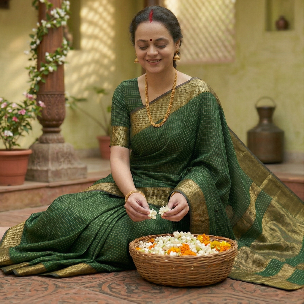 Bottle Green Maheshwari Handloom Saree