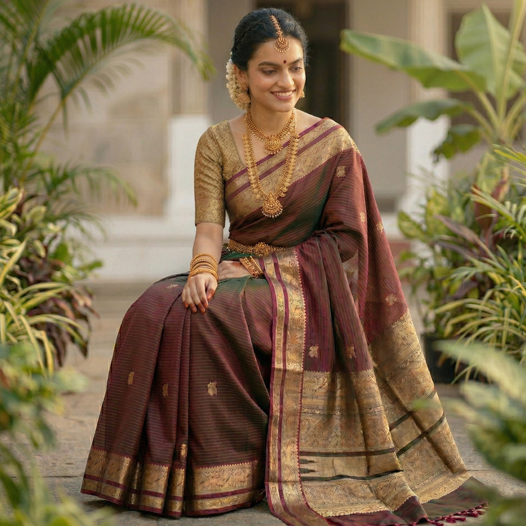 Red Kanjeevaram Silk Cotton Saree with Minimal Green Stripes, Buttis & Zari Pallu