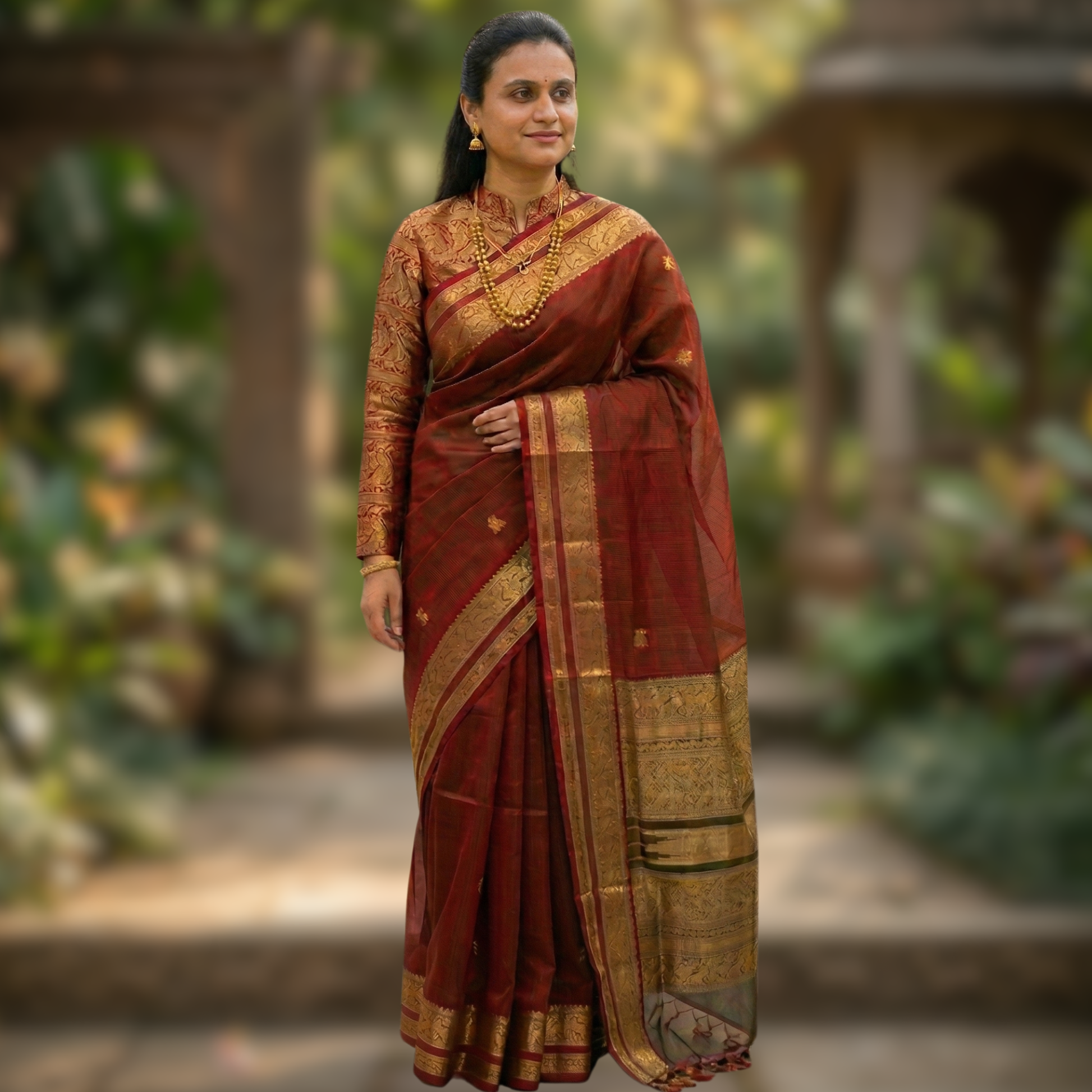 Red Silk Cotton Kanjeevaram Saree with Green Stripes, Buttis & Zari Pallu