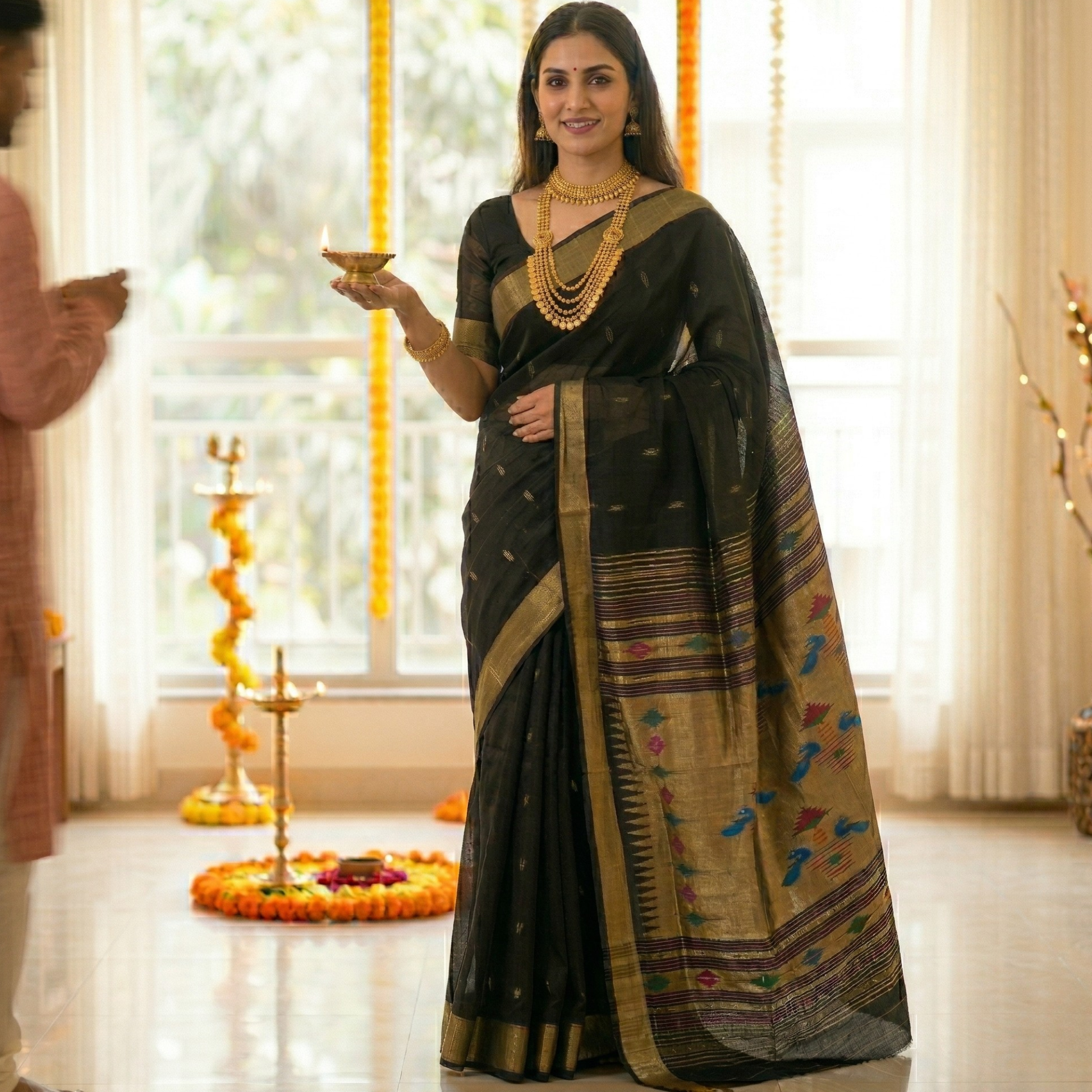 Black Pure Cotton Paithani Saree