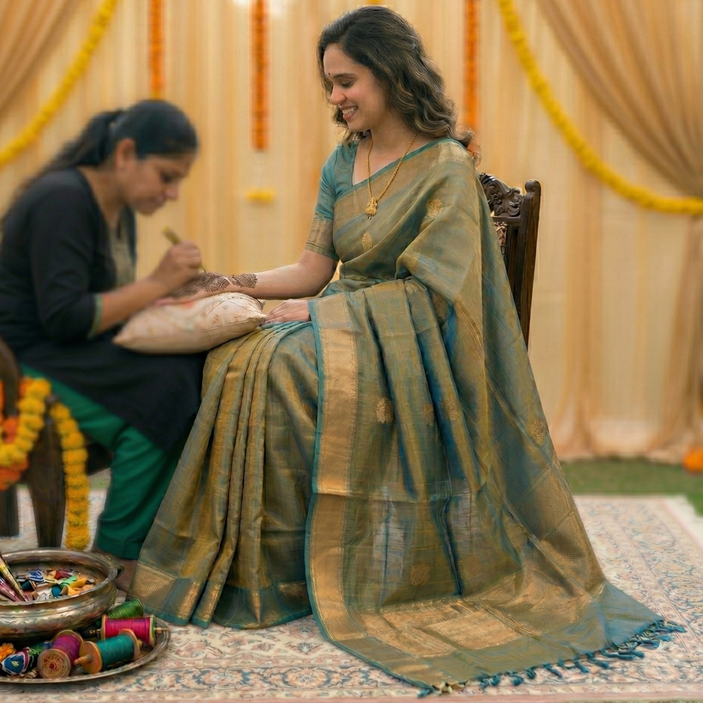 Green and Gold  Silk Cotton Traditional Kanjivaram Saree