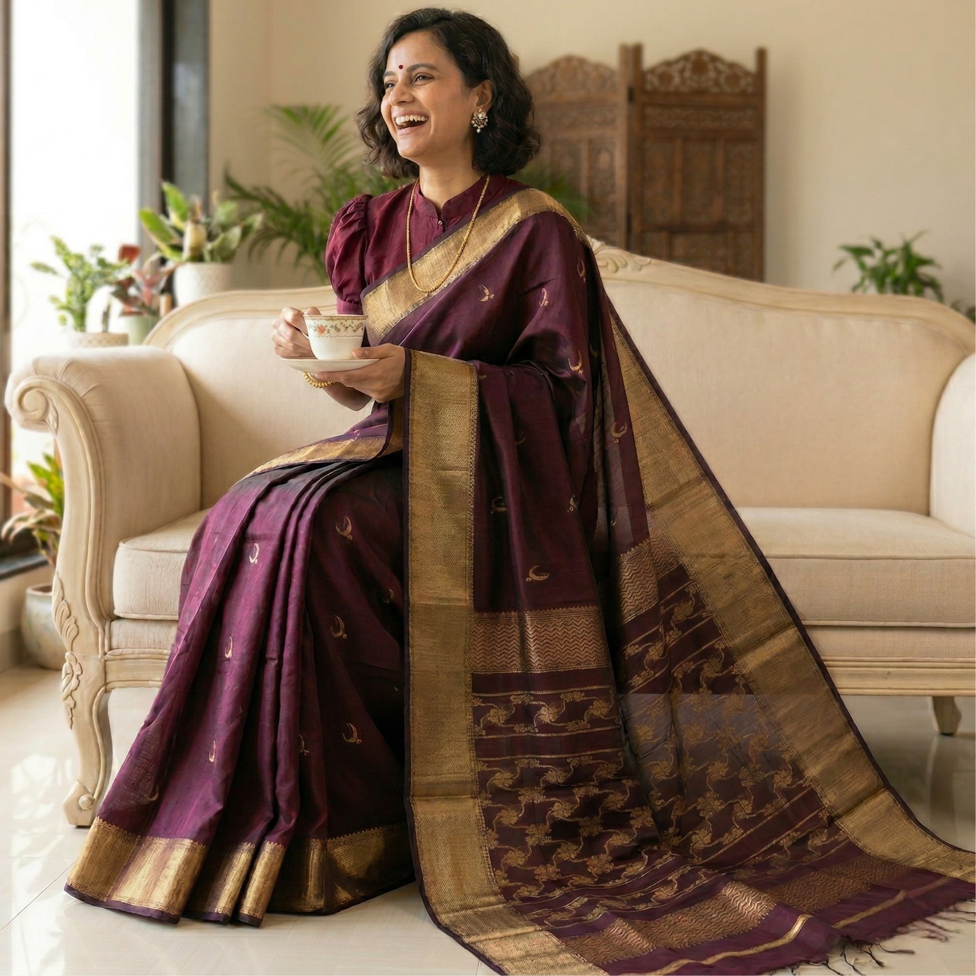 Brown Maheshwari Chandra Kor Saree