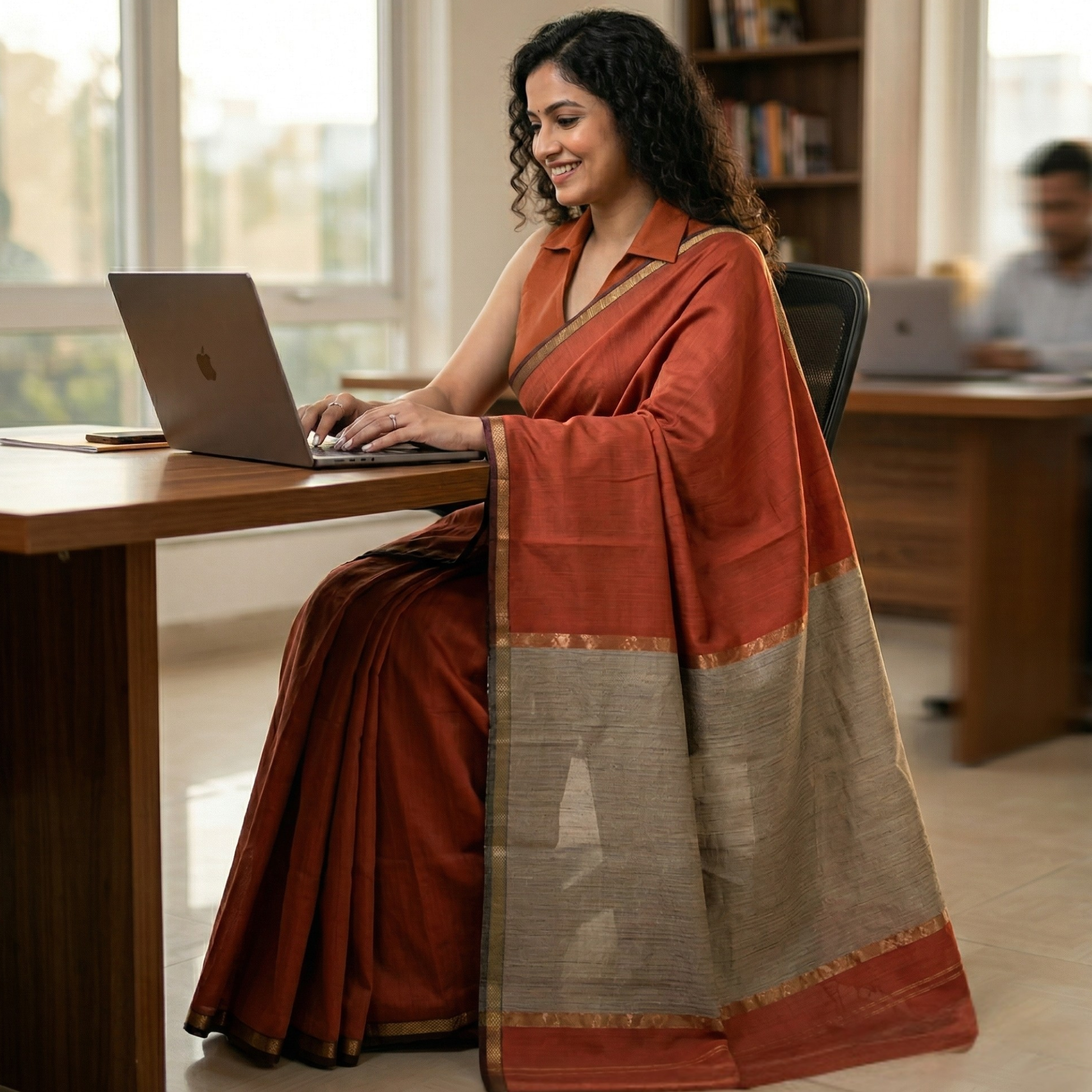Carrot Red Maheshwari Handloom Kosa Silk Saree