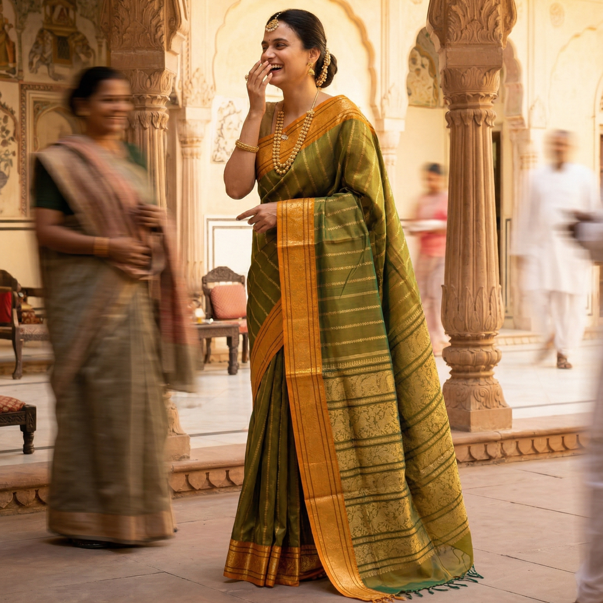 Light Green Kanjeevaram Silk Cotton Saree with Vertical Veldhari