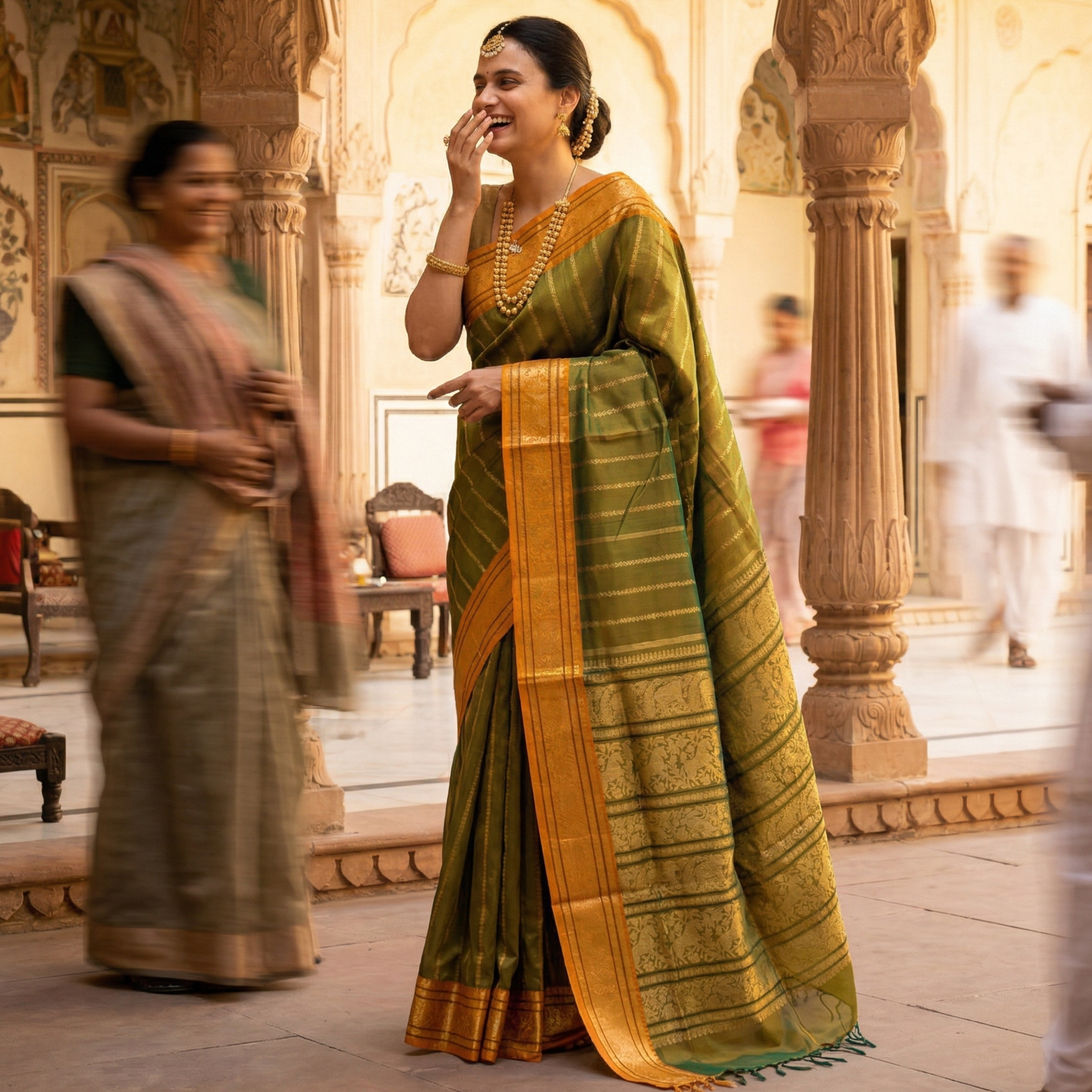 Light Green Kanjeevaram Silk Cotton Saree with Vertical Veldhari