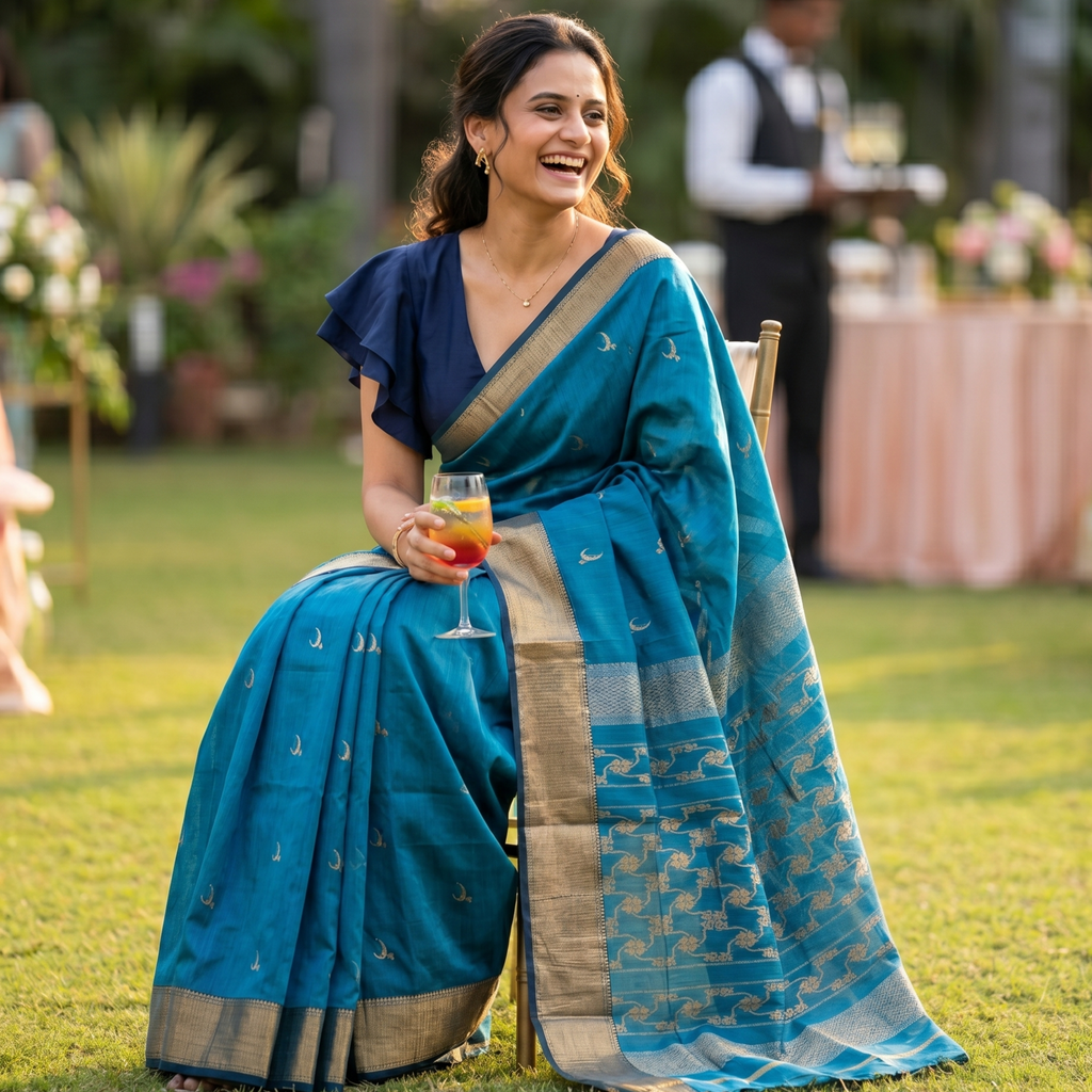 Chintamani Blue Maheshwari Chandrakor Saree