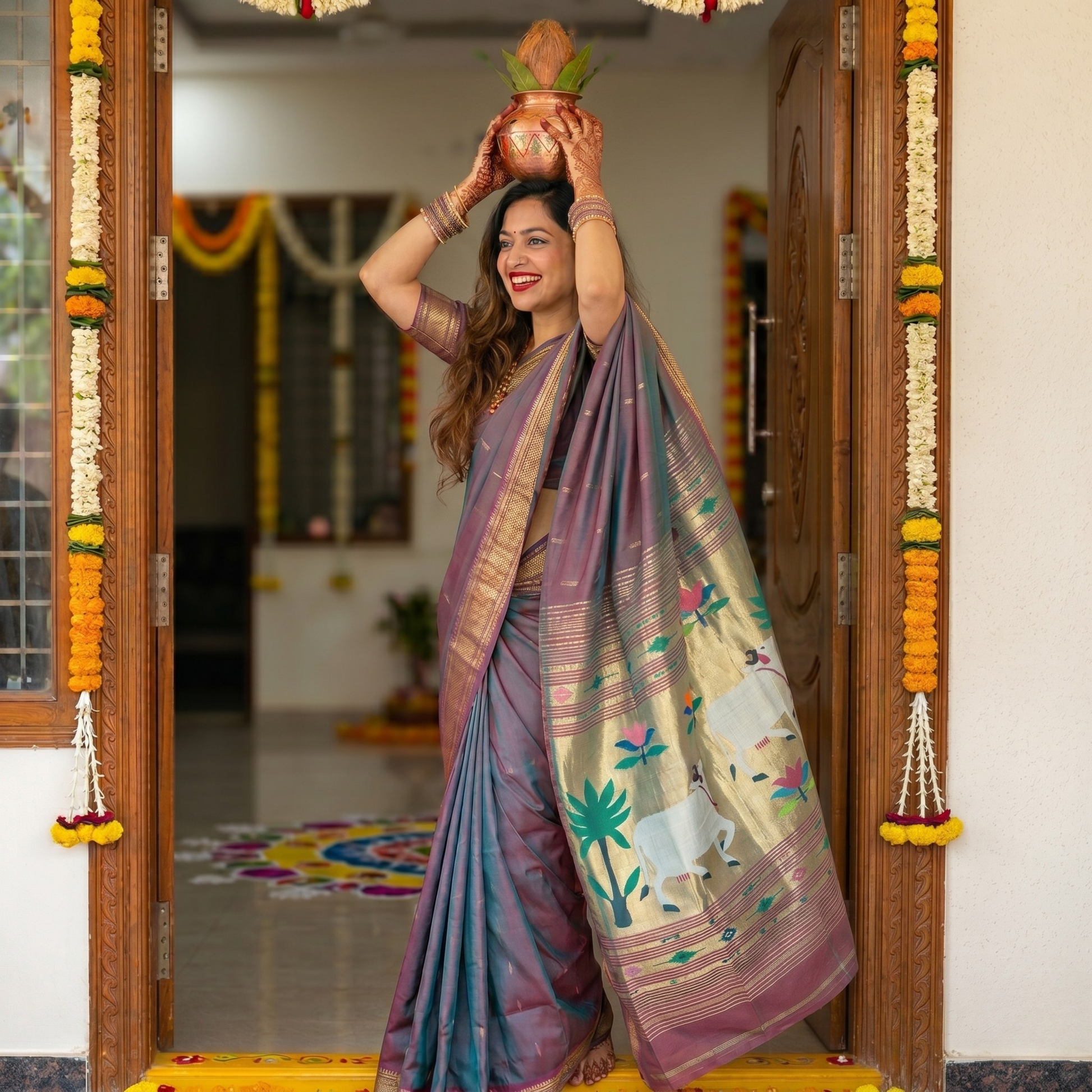 Cotton Paithani Reddish Green Dhoop Chhav Saree with Pichwai Padar