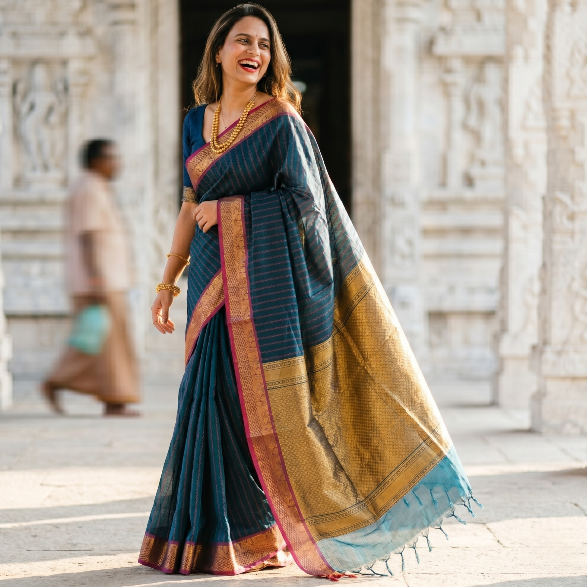 Cotton Royal Blue Kanchipuram Saree