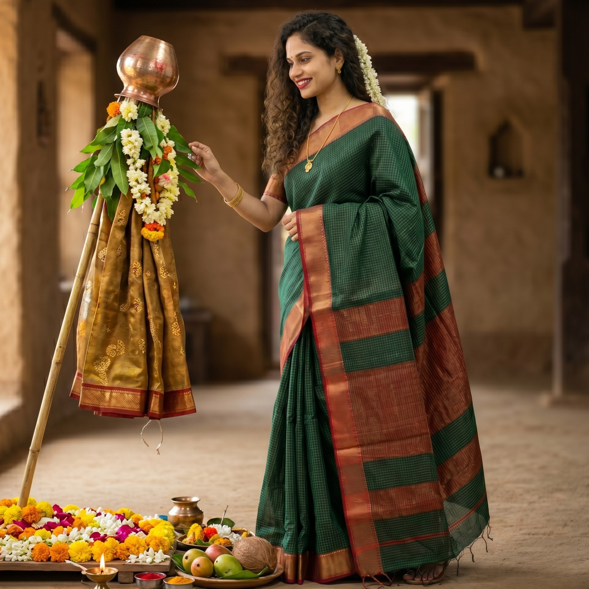 Fresh Green Maheshwari Handloom Saree with Zari Checks