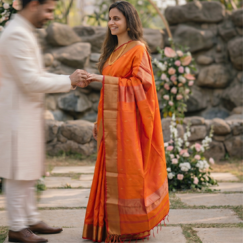 Orange Maheshwari Pure Silk Saree