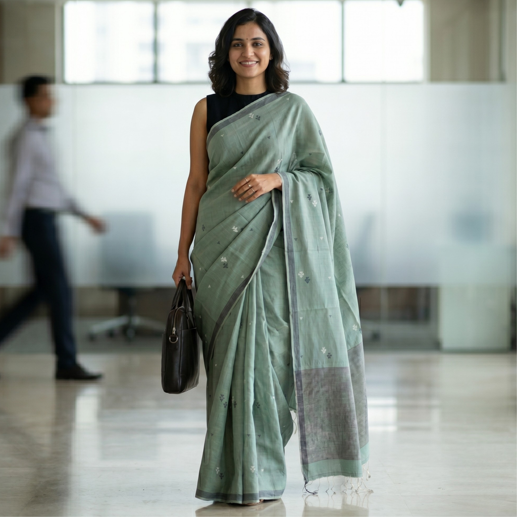 Handloom Sage Green Jamdani Saree with Butti