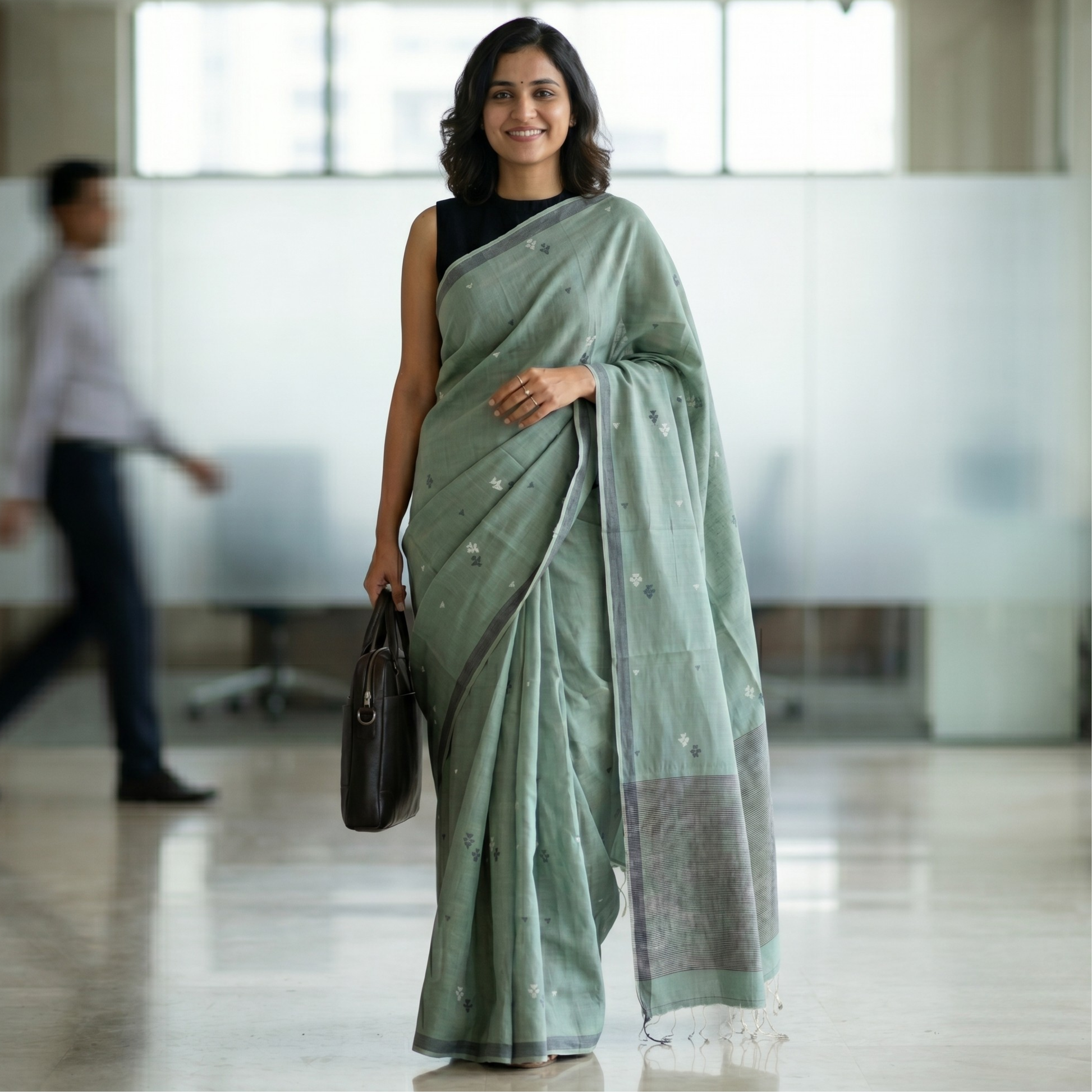Handloom Sage Green Jamdani Saree with Butti