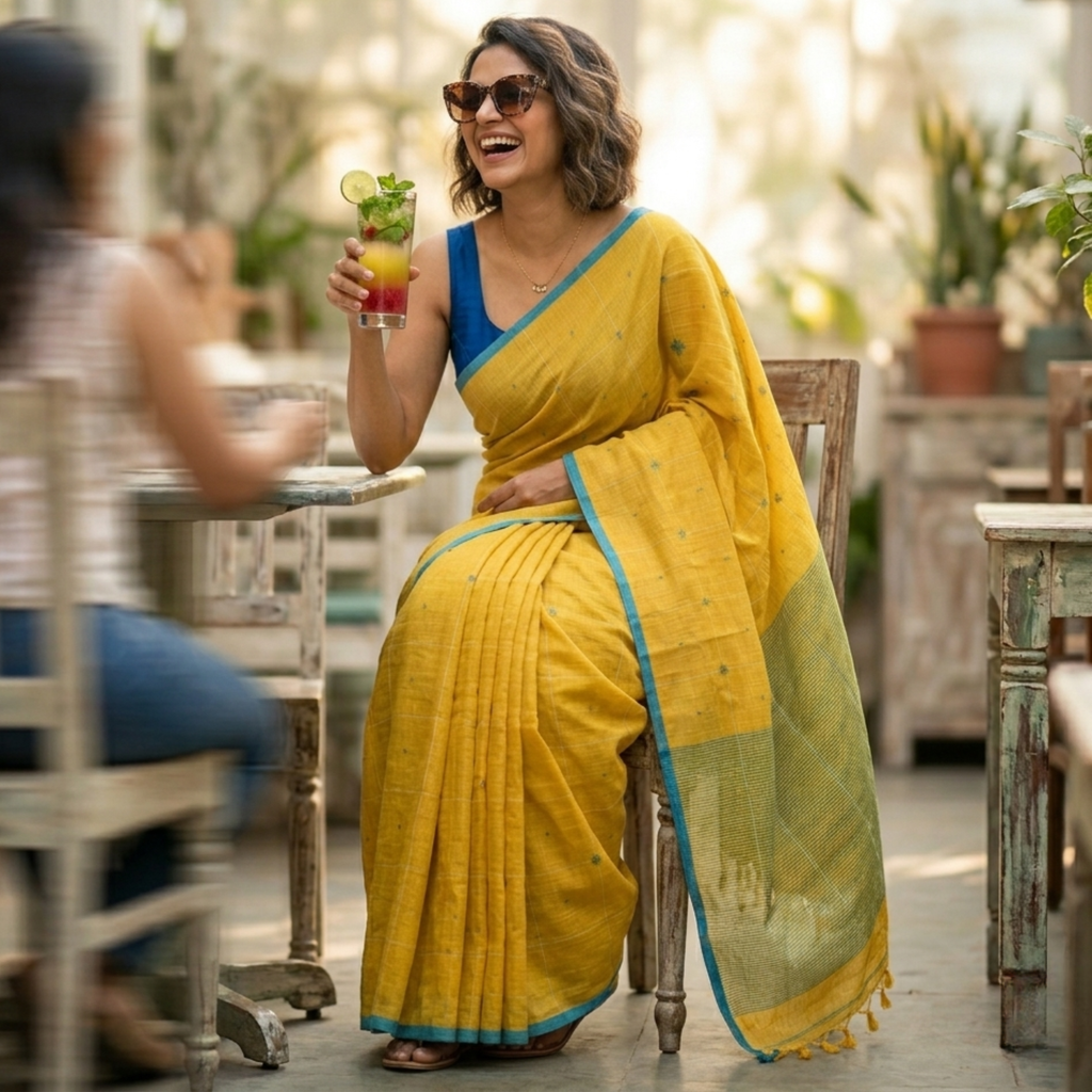 Handloom Yellow Jamdani Saree with Checks